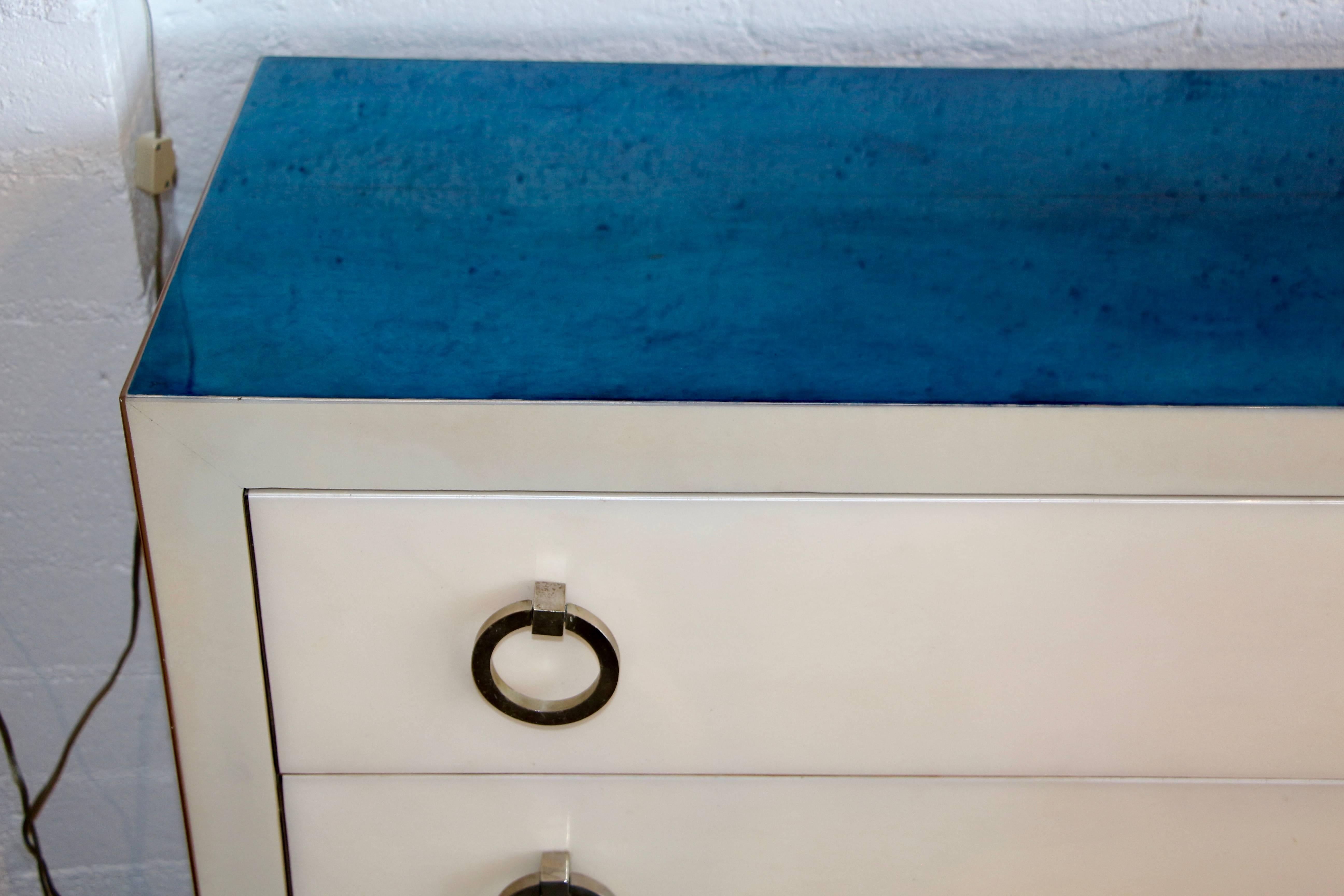 Lacquered Pair of Goat Skin Parchment Covered Three-Drawer Stands