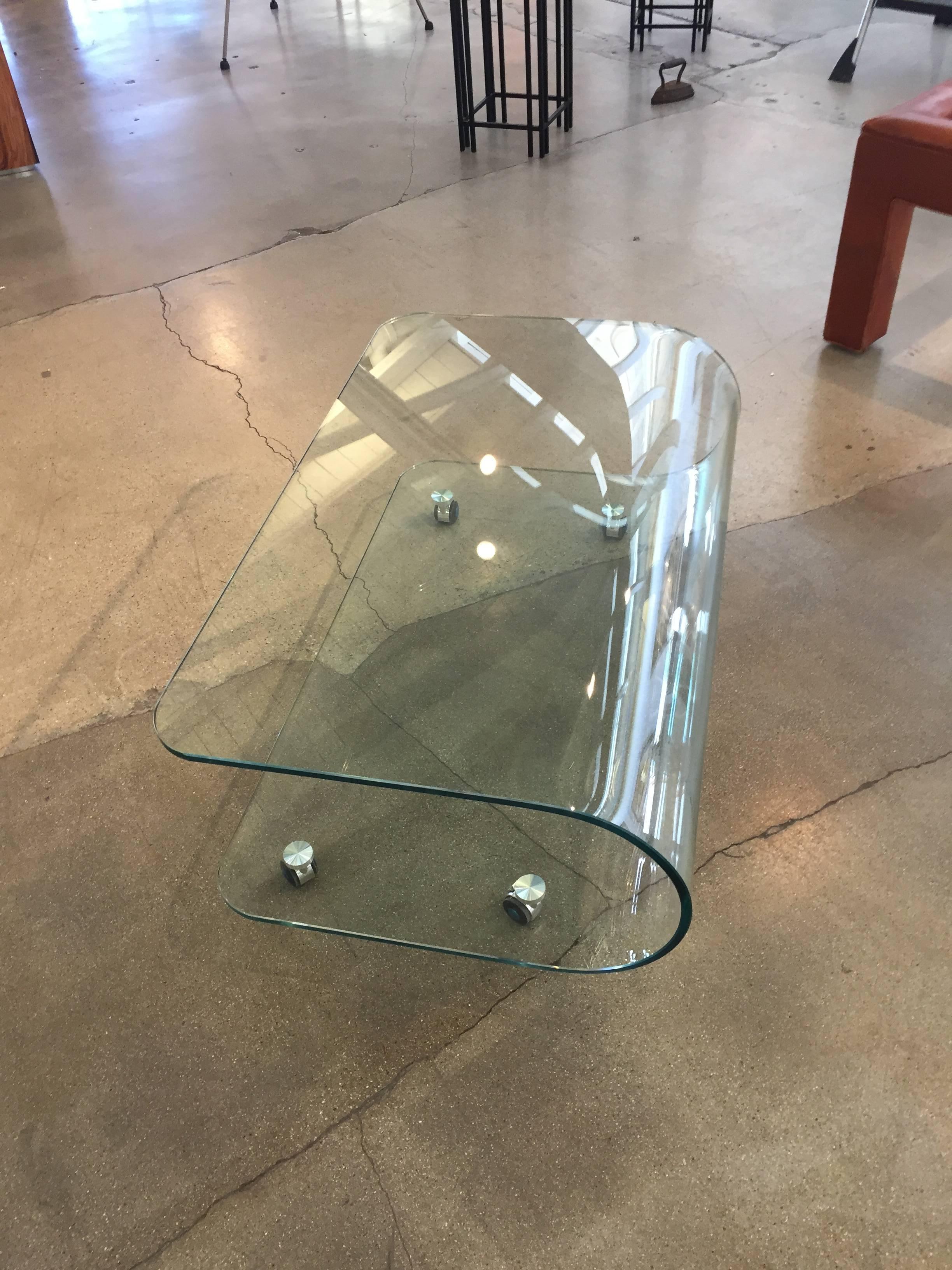 20th Century Curved Glass Table on Castors