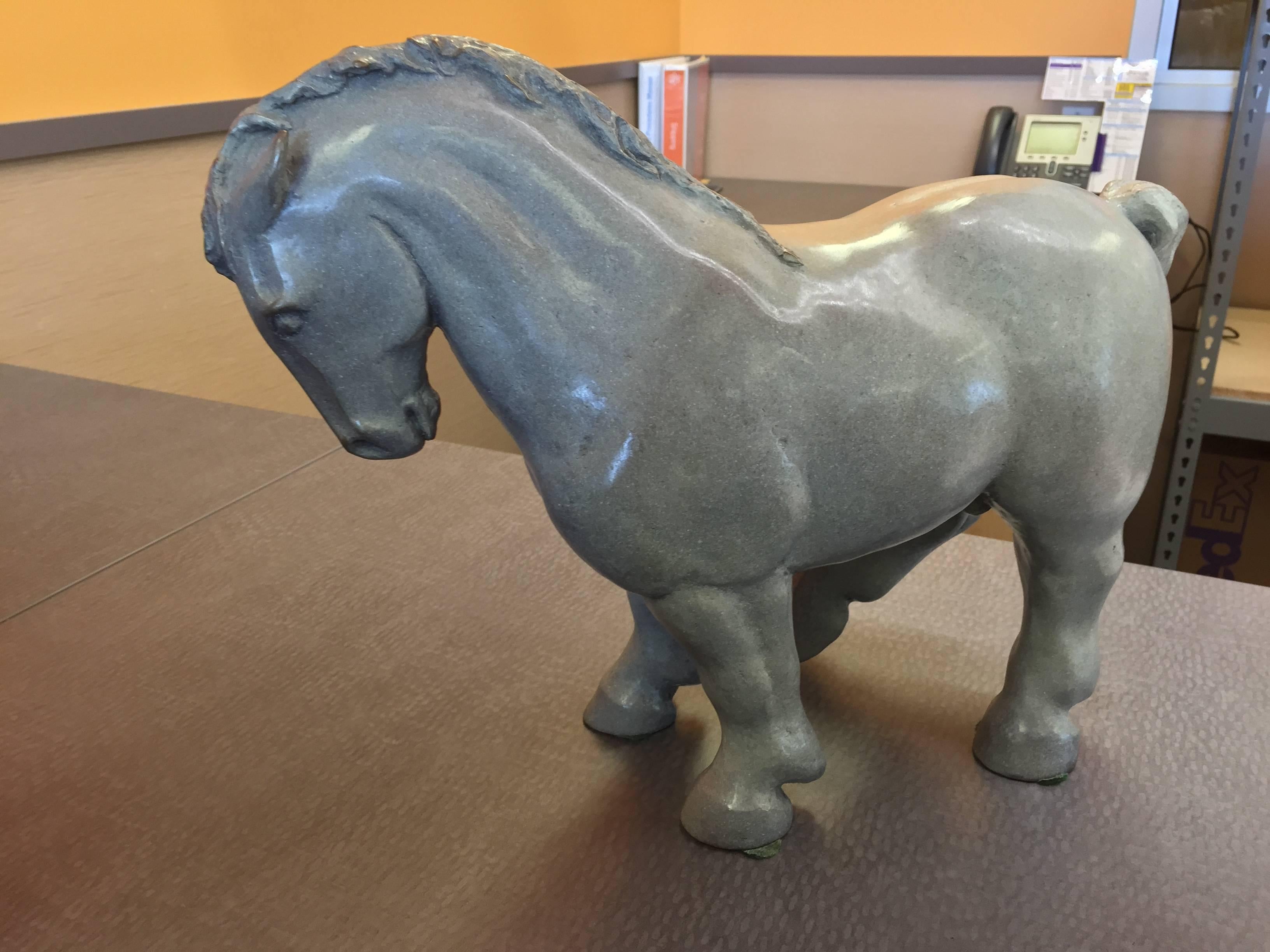 A pretty glazed bronze titled Bucephalus after Alexander the great famous beloved horse.
From the artist's website.
An internationally recognized sculptor and an avid horsewoman, Andreason is noted for her powerful bronze, cast stone and clay