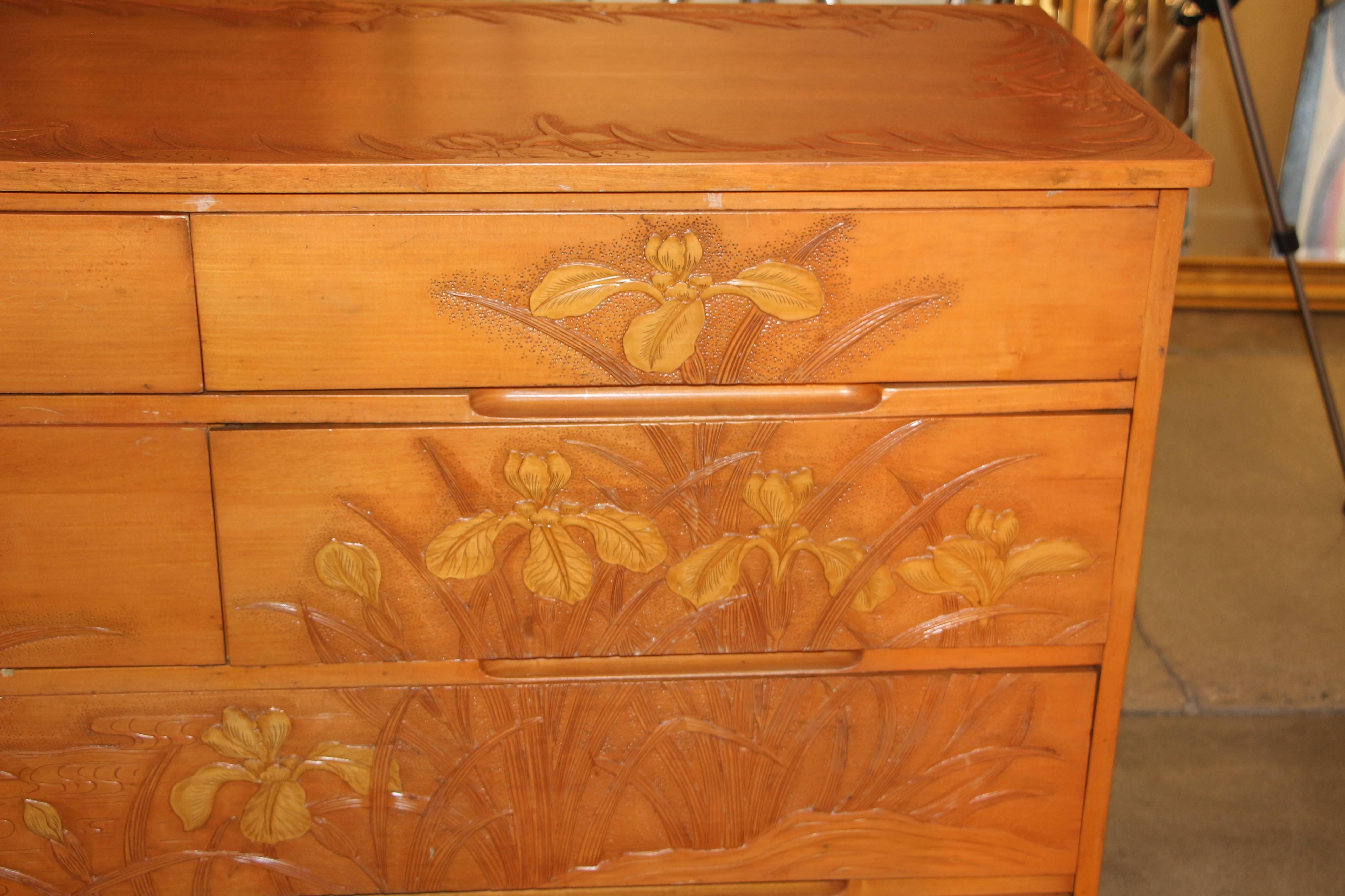 Most Unusual Carved Maple Japanese Chest with Floral Motif 1