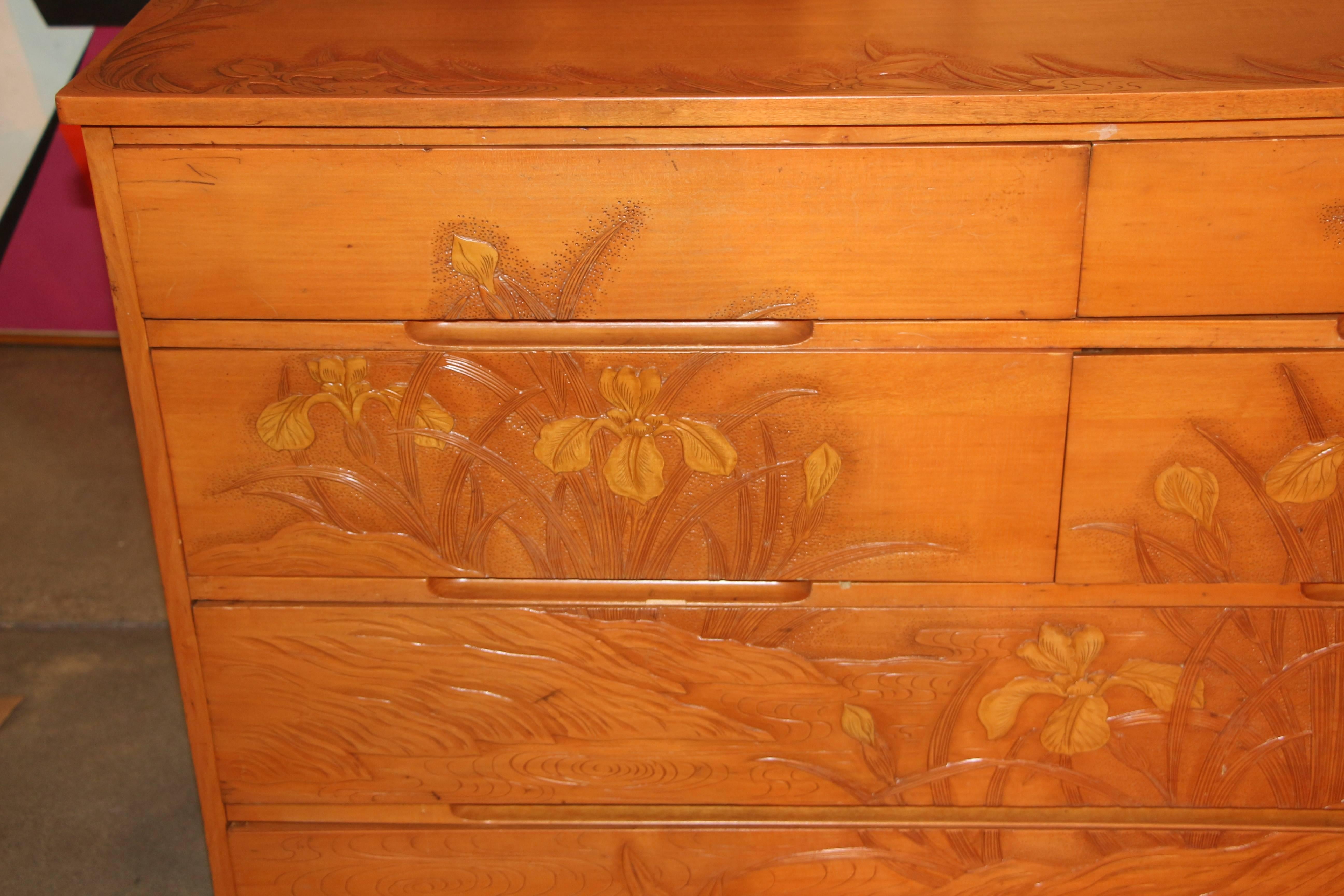 Most Unusual Carved Maple Japanese Chest with Floral Motif 2