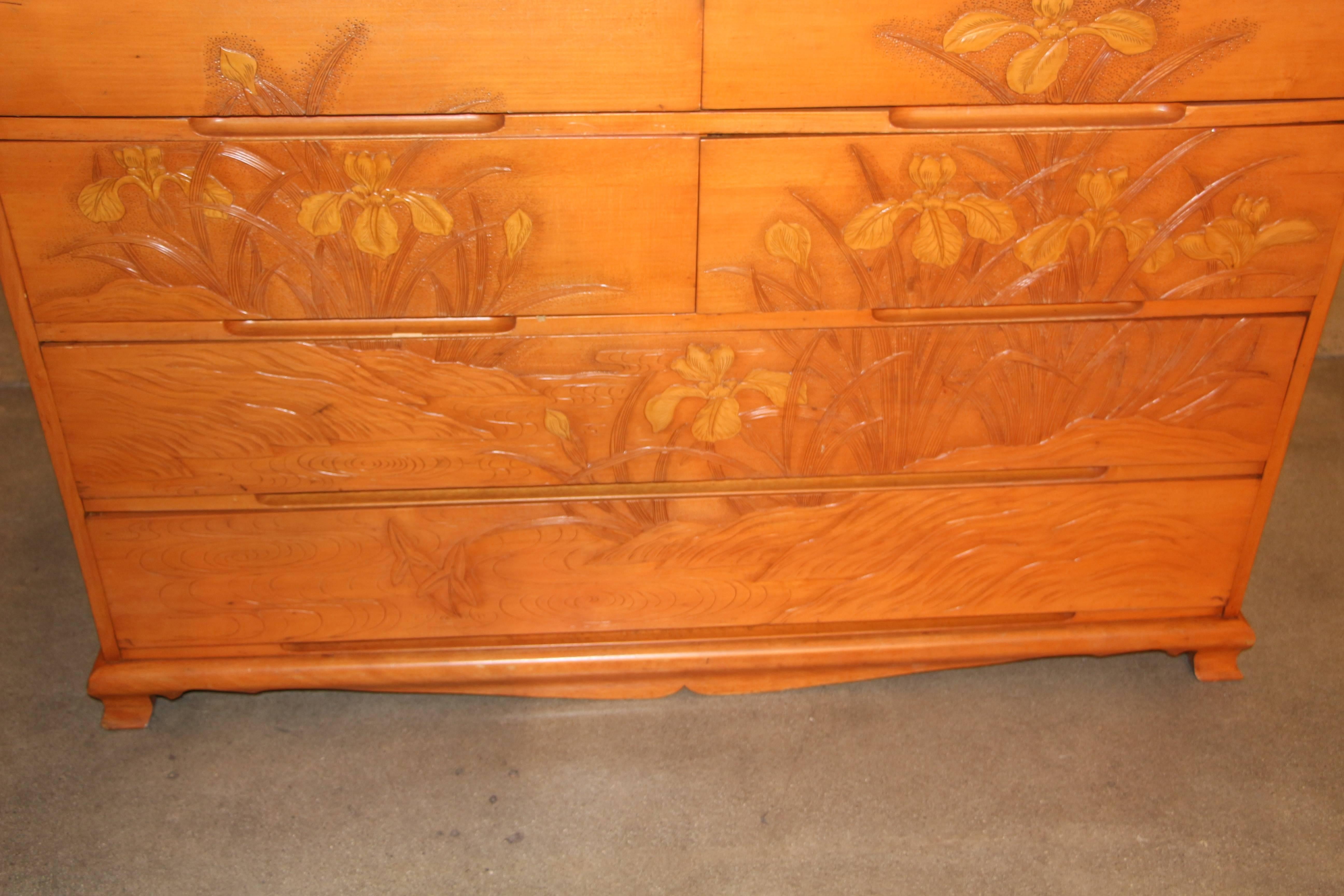 Most Unusual Carved Maple Japanese Chest with Floral Motif 3