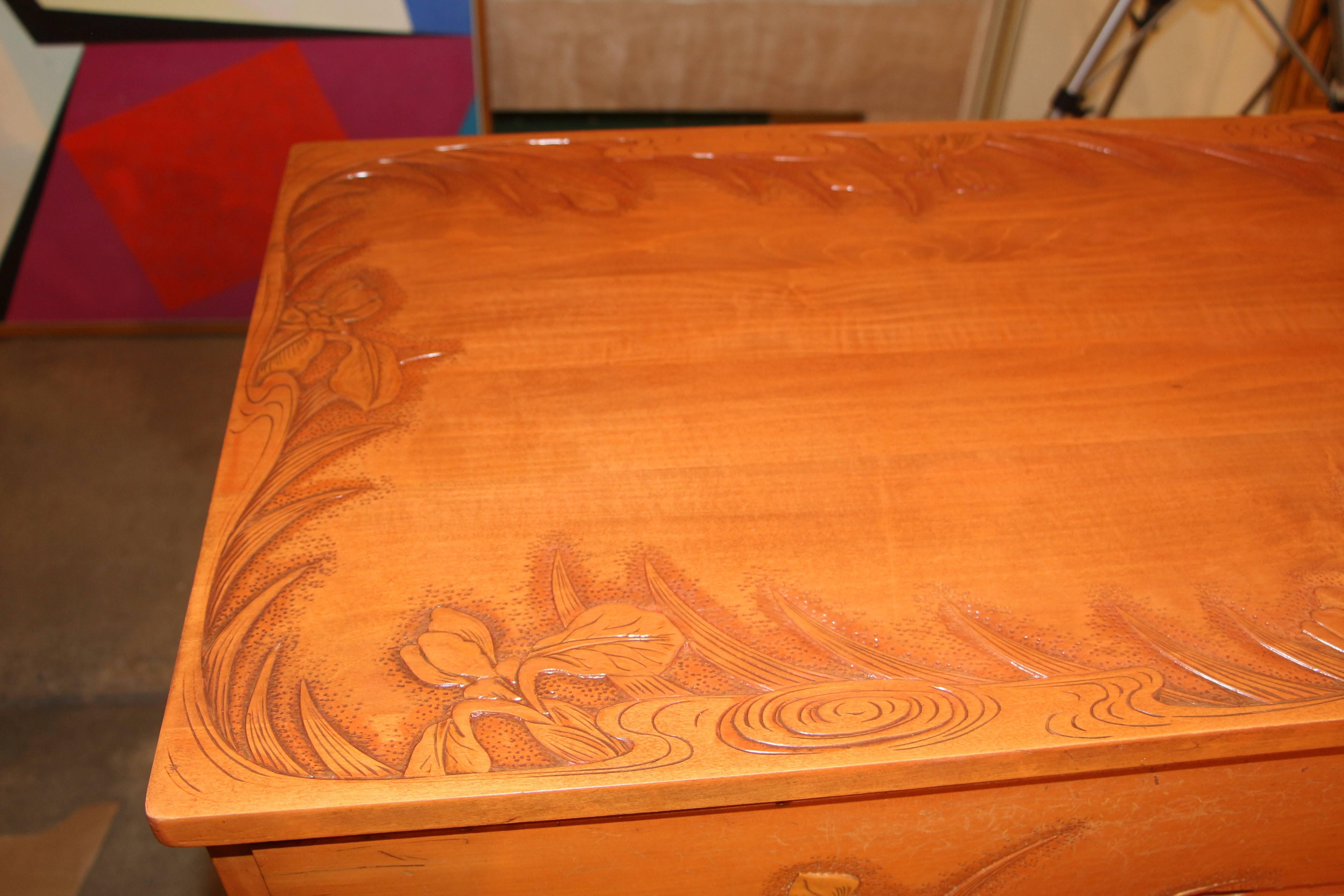 Most Unusual Carved Maple Japanese Chest with Floral Motif 4