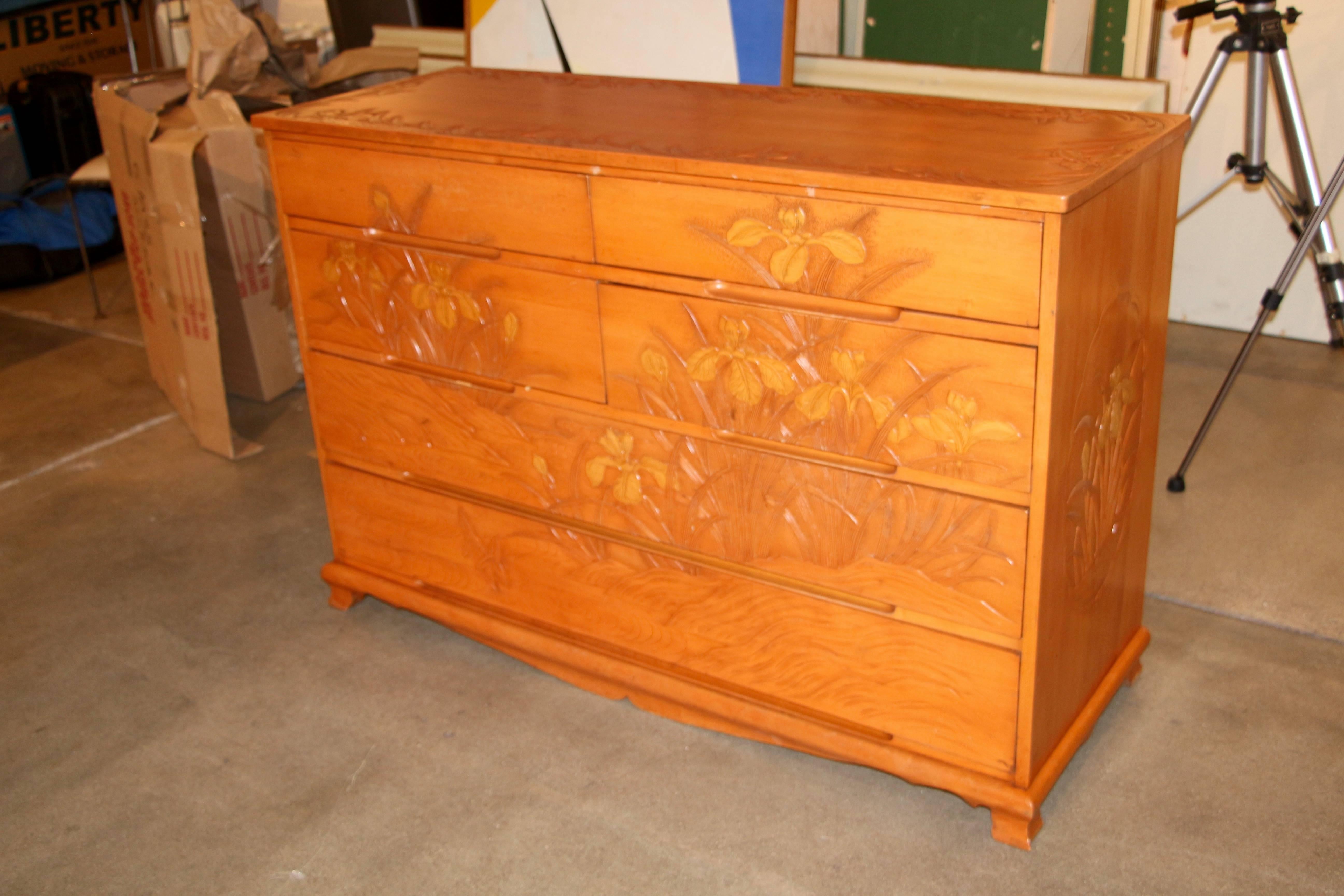 20th Century Most Unusual Carved Maple Japanese Chest with Floral Motif