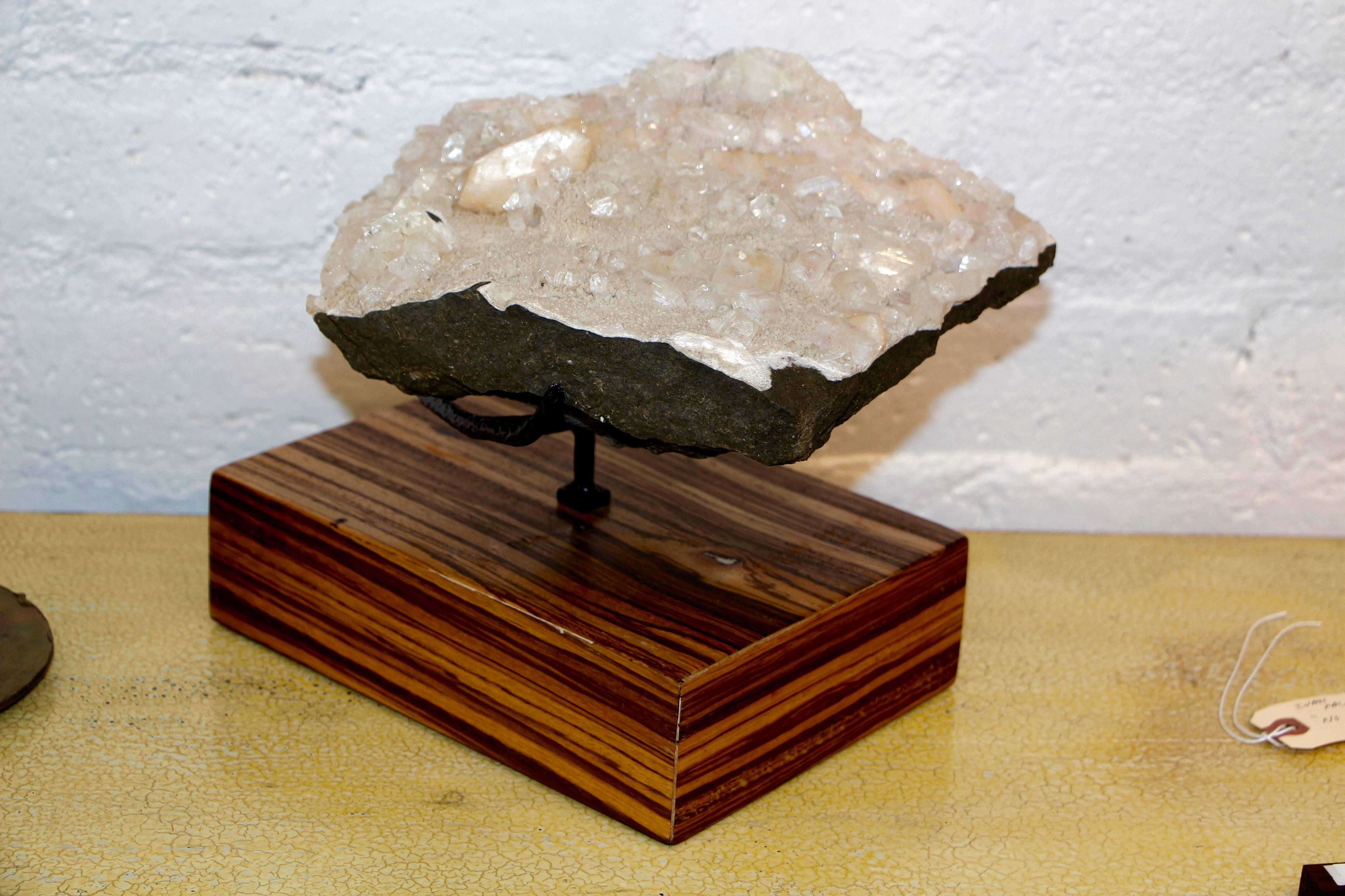 Unknown Beautiful Piece of Quartz Crystal Mounted on a Custom Solid Zebra Wood Base For Sale