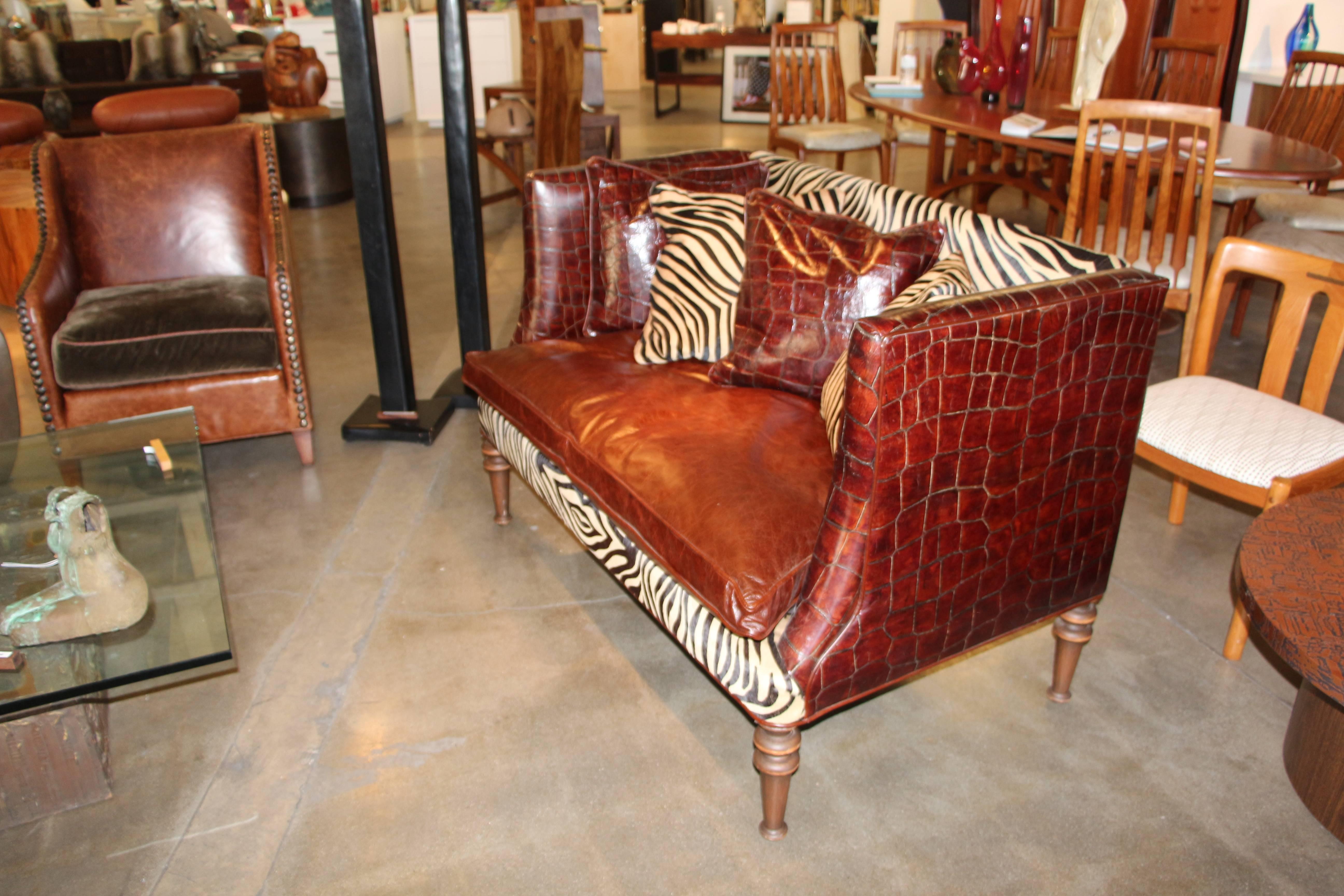 Old Hickory Tannery Croc Grained Zebra Pattern Horsehide Loveseat Settee 2