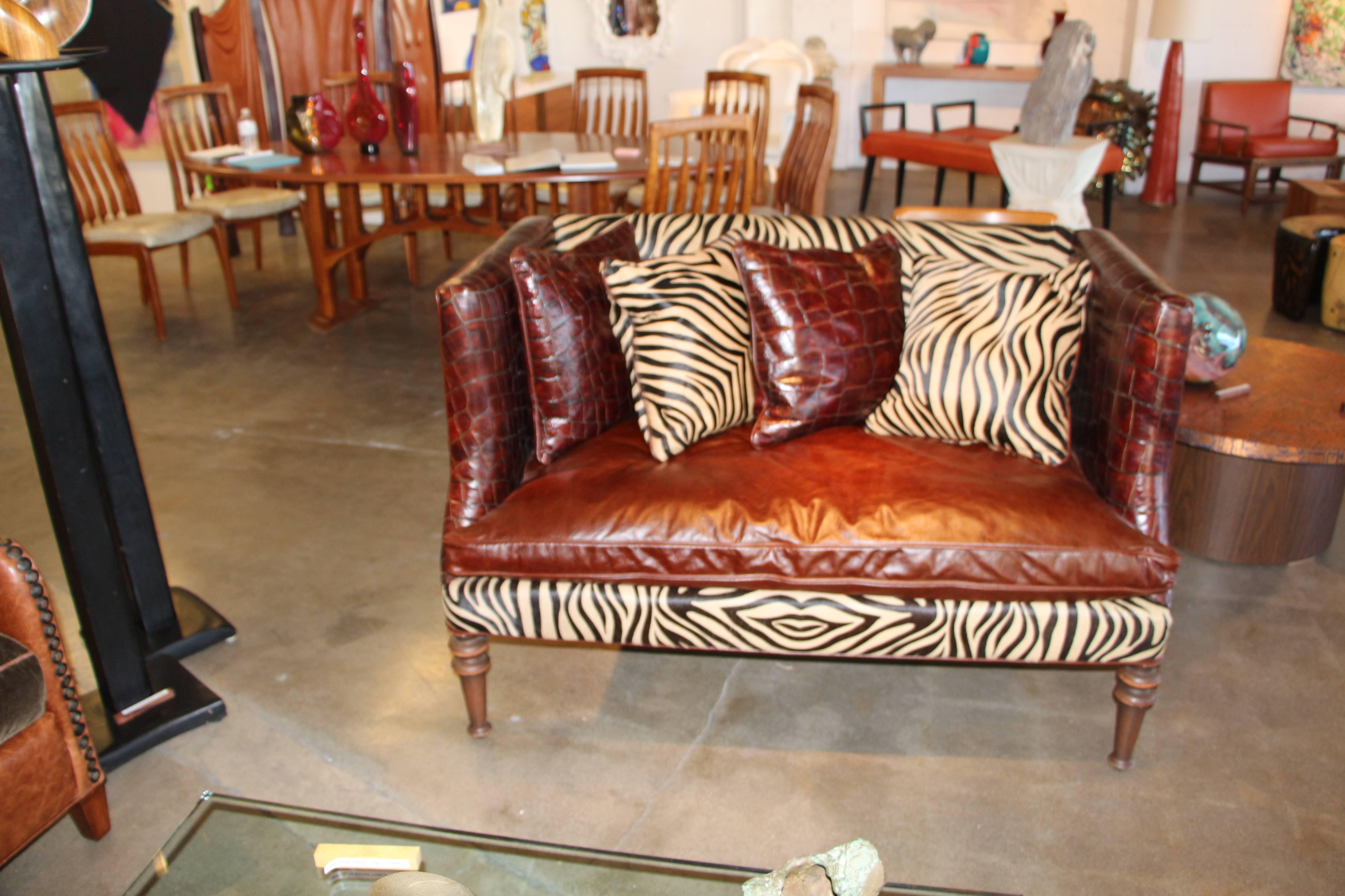 Old Hickory Tannery Croc Grained Zebra Pattern Horsehide Loveseat Settee 1