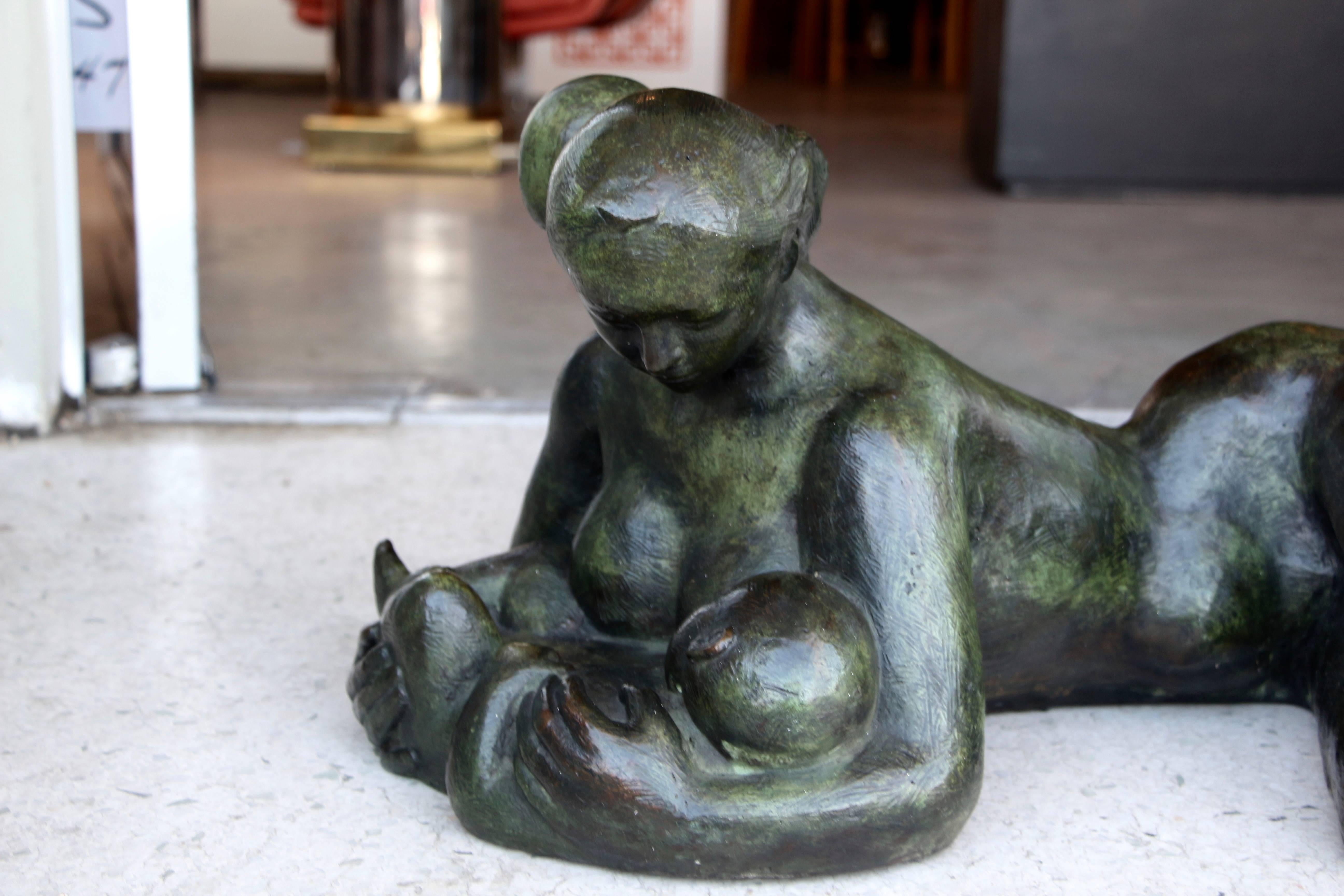 Cast Frederico Cantu Large Impressive 1986, Bronze of a Mother Nursing For Sale