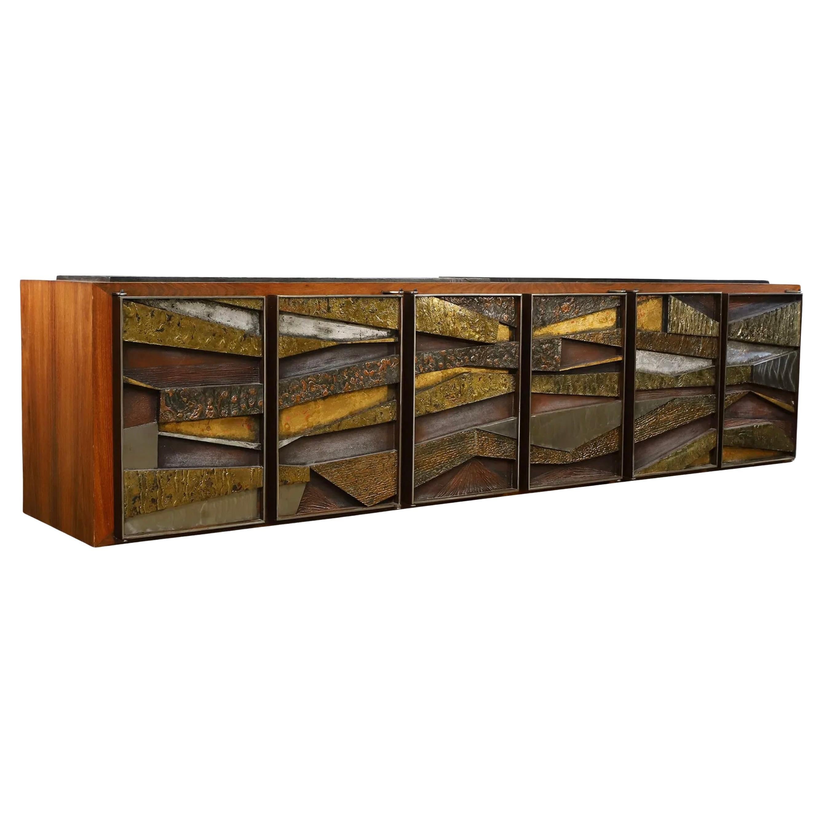 Brutalist Studio Walnut, Metal & Slate Floating Sideboard 1980’s Murrie Gayman For Sale