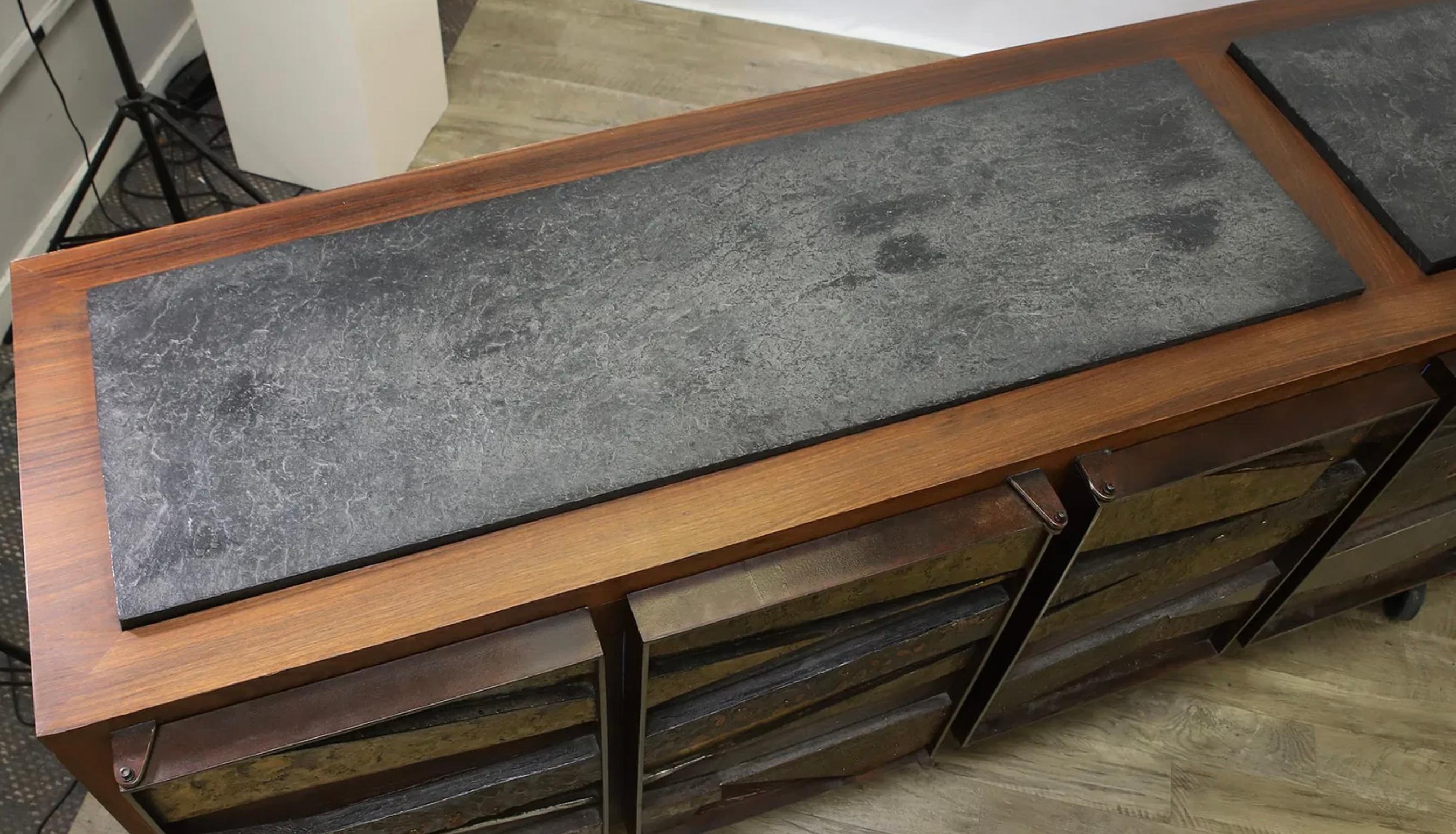 Late 20th Century Brutalist Studio Walnut, Metal & Slate Floating Sideboard 1980’s Murrie Gayman For Sale
