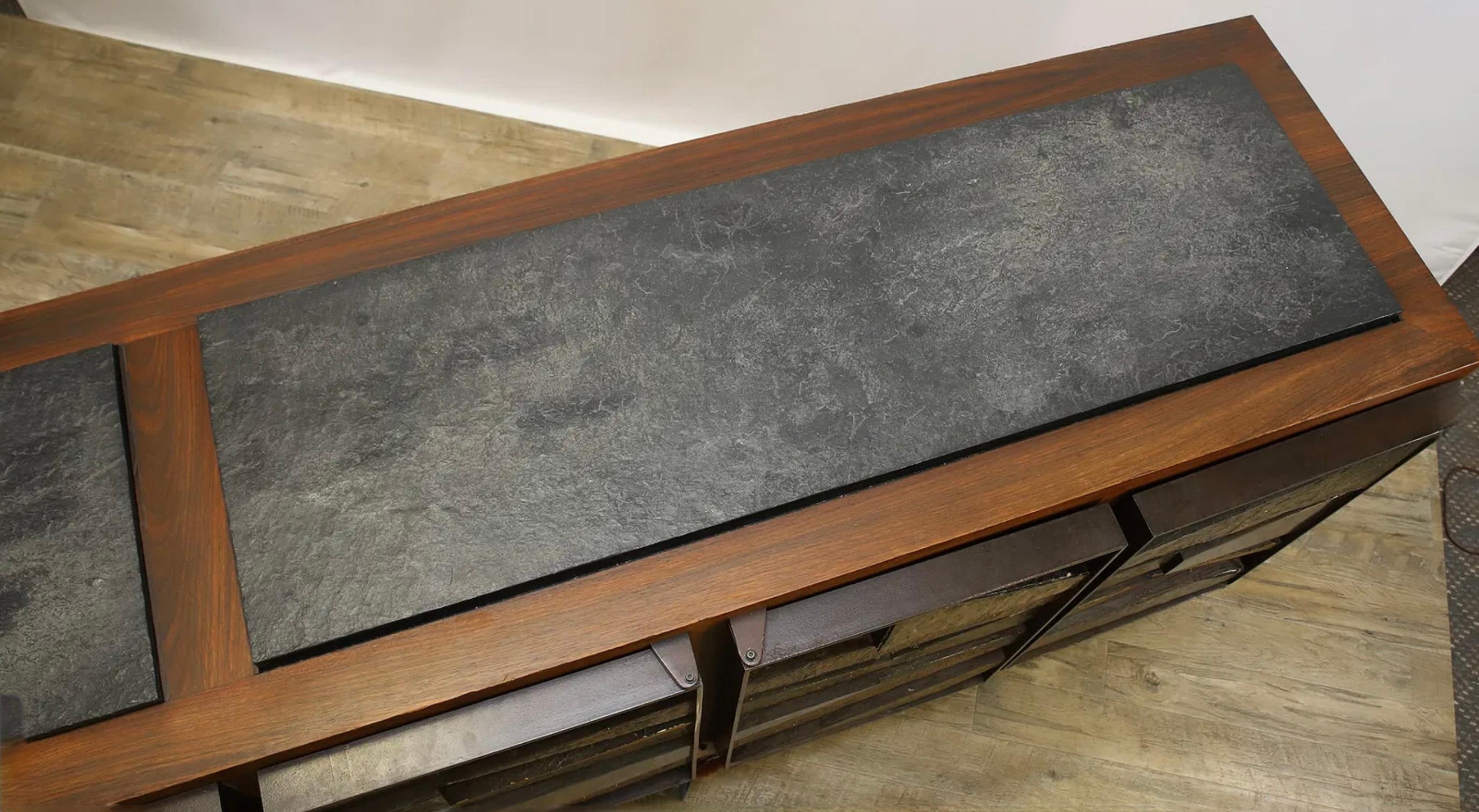 Bronze Brutalist Studio Walnut, Metal & Slate Floating Sideboard 1980’s Murrie Gayman For Sale