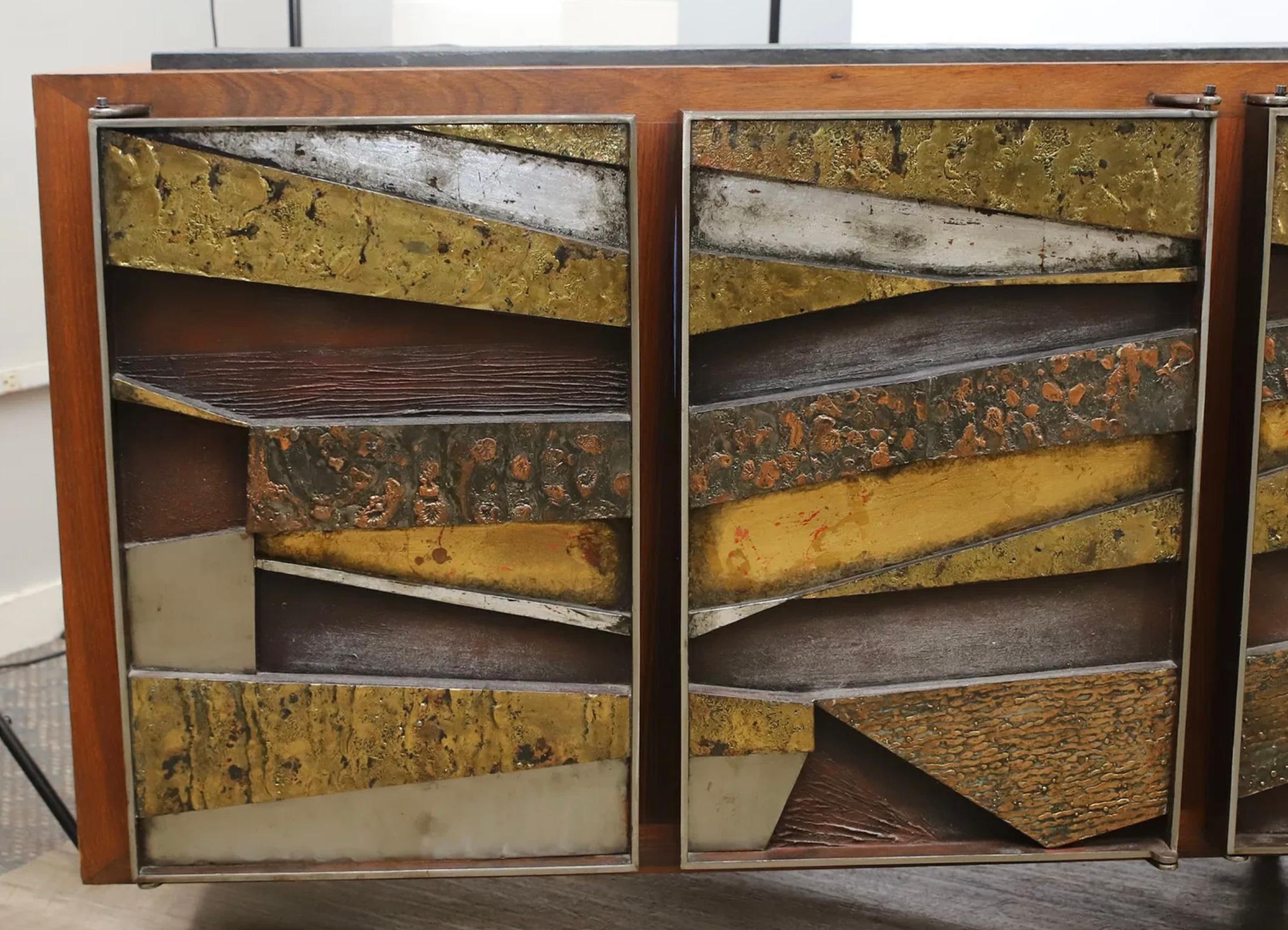 American Brutalist Studio Walnut, Metal & Slate Floating Sideboard 1980’s Murrie Gayman For Sale