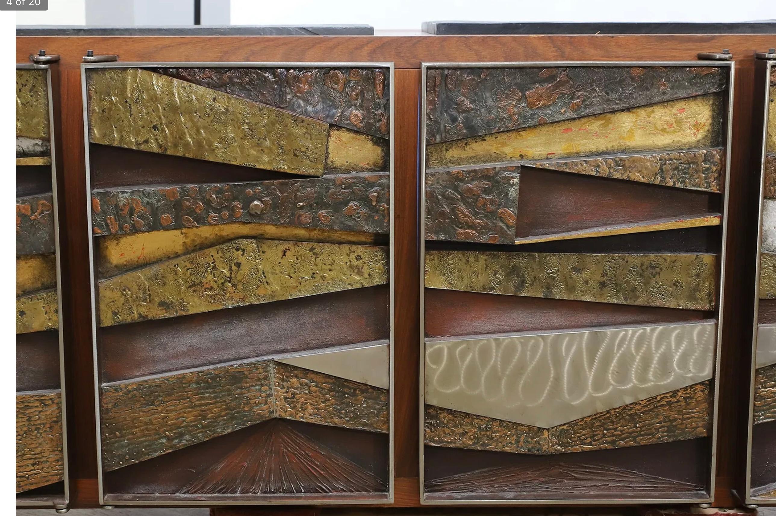 Hand-Crafted Brutalist Studio Walnut, Metal & Slate Floating Sideboard 1980’s Murrie Gayman For Sale