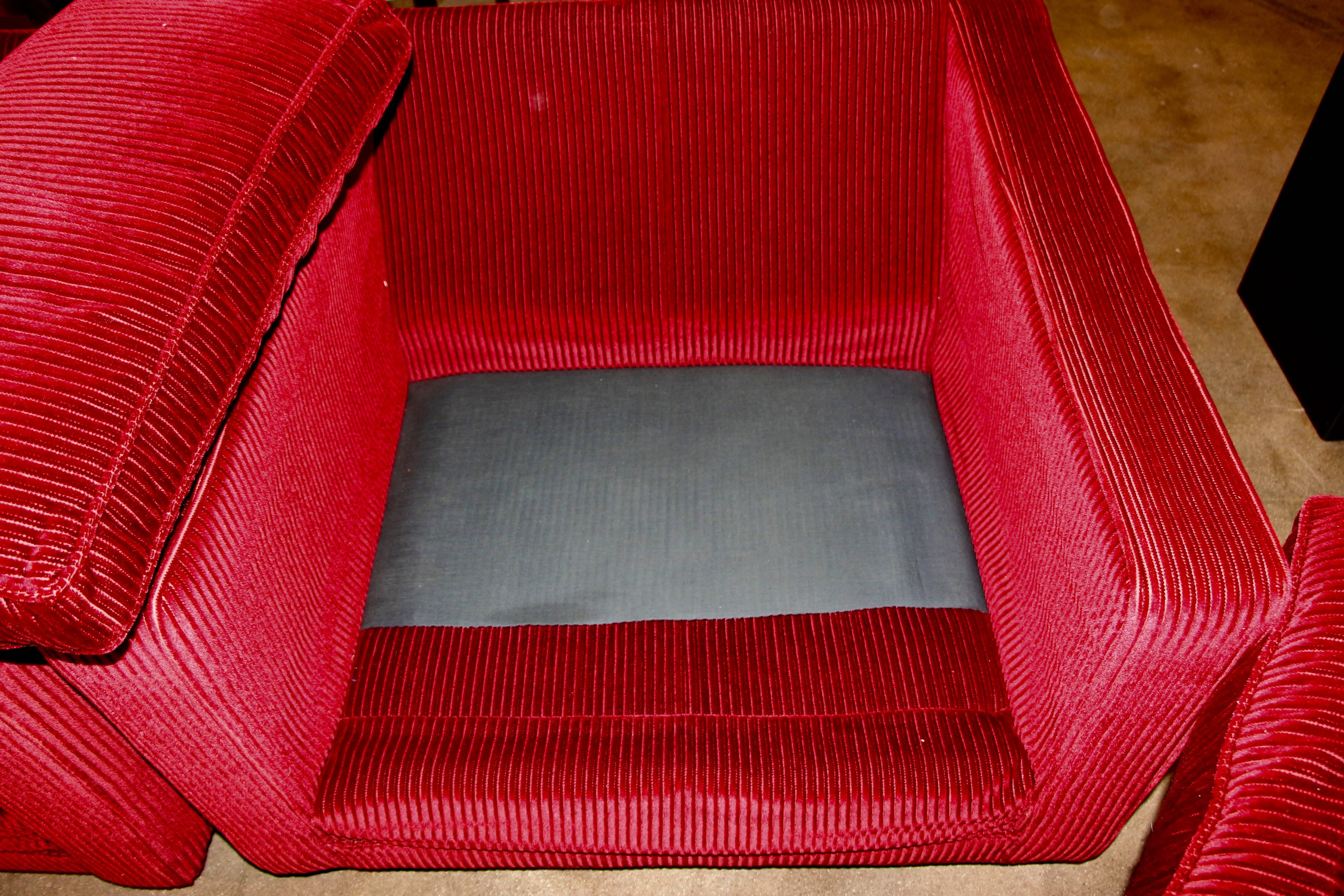 1972 Milo Baughman for Thayer Coggin Cube Club Chairs in Original Cut Red Velvet 2