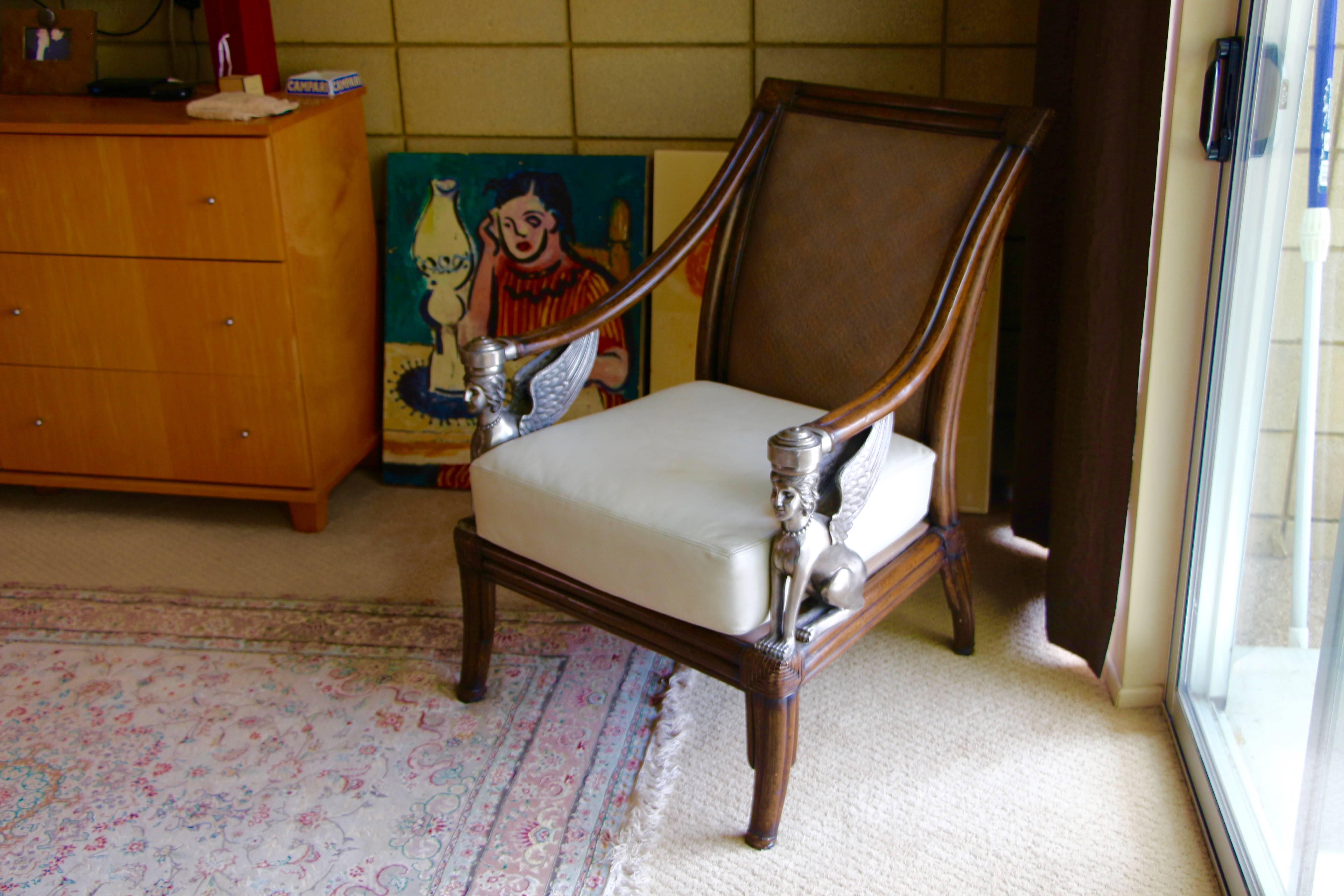 Egyptian Revival Cane and Leather Armchair with Sphinx Arms 3