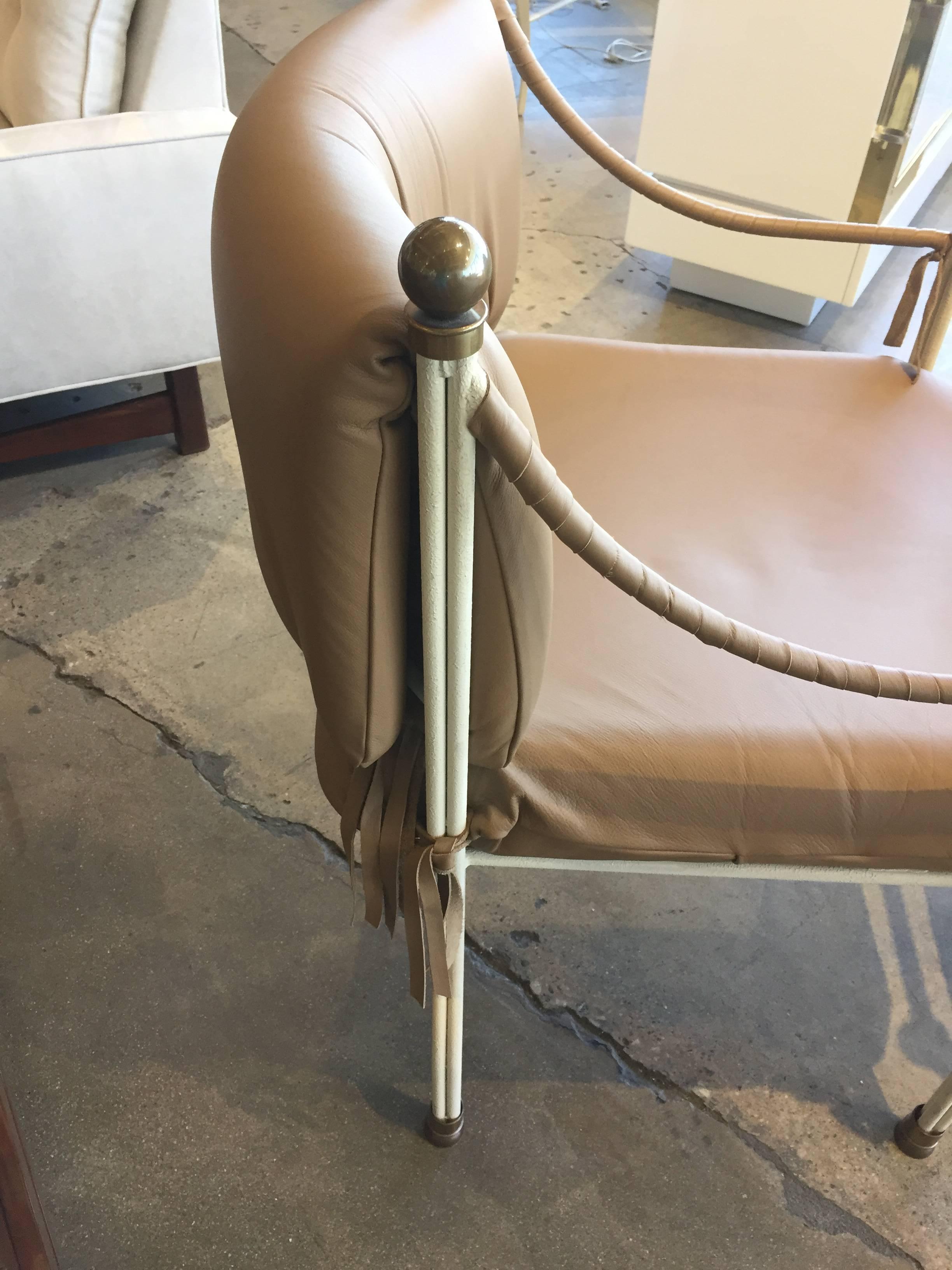 Leather Wrapped Iron and Bronze Campaign Chairs In Good Condition In Palm Springs, CA