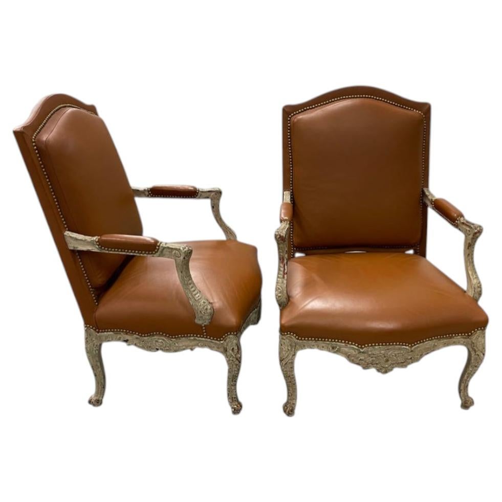 One of Two Louis XV Bergere Chairs Upholstered Beige Leather This is for one For Sale