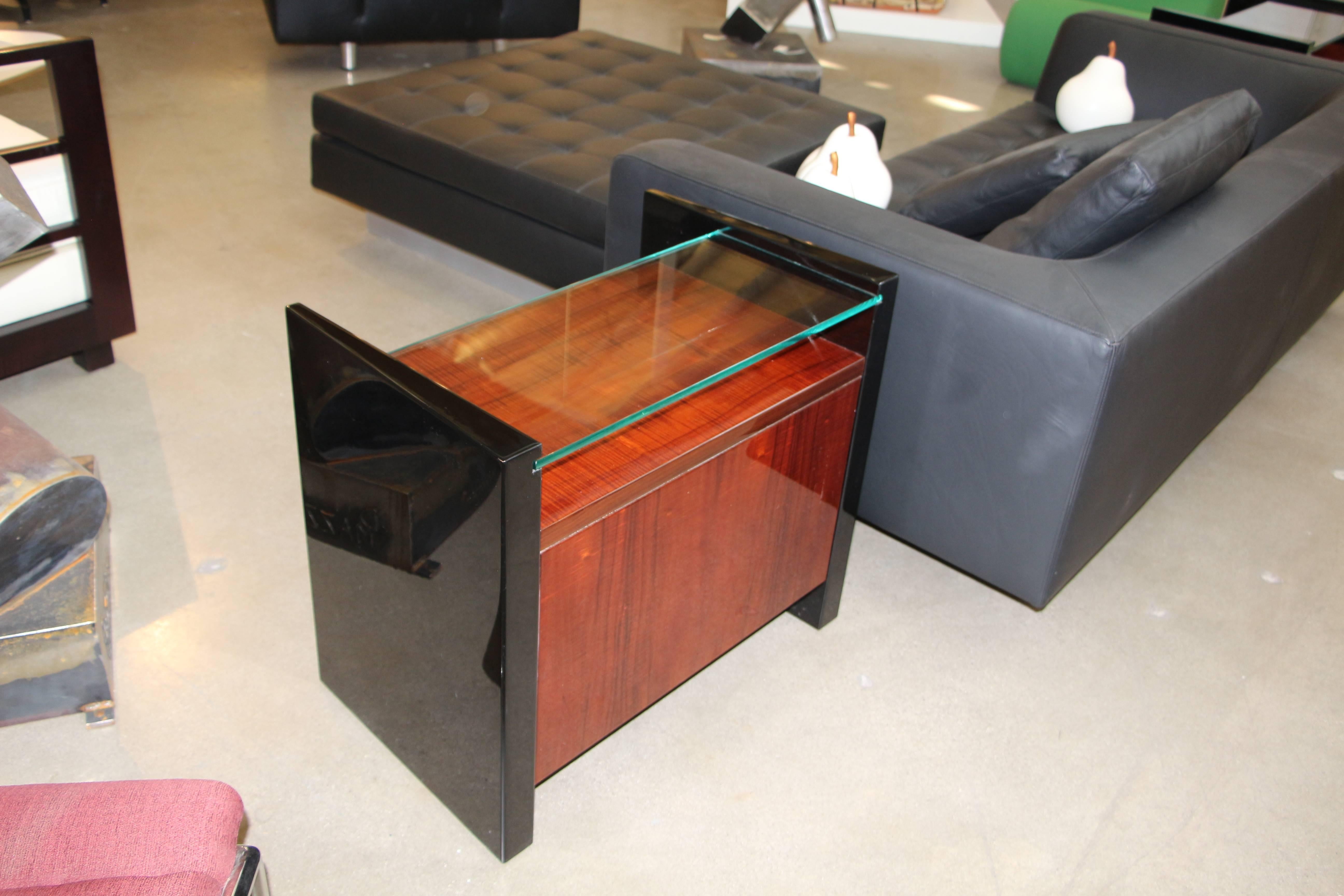 Pair of Beautiful Highly Lacquered End Tables with Glass Shelves 4