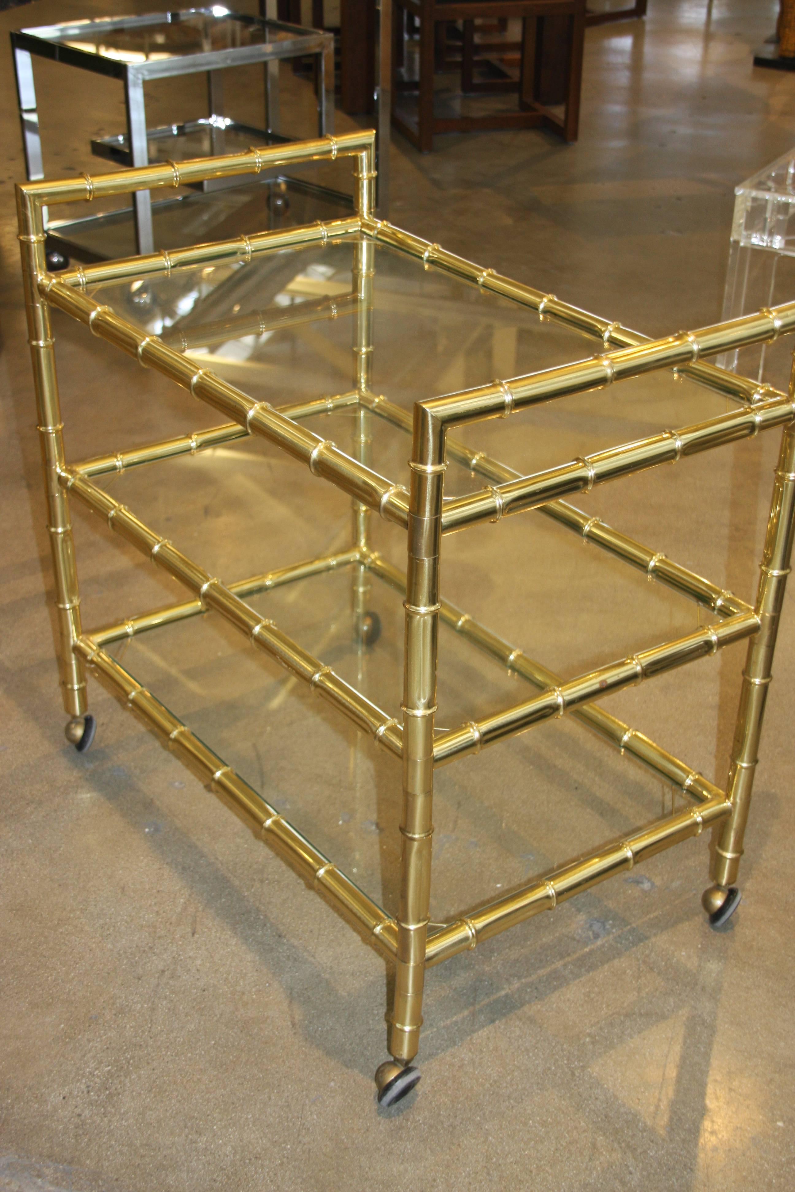 Beautiful Brass Faux Bamboo Bar Cart In Good Condition In Palm Springs, CA