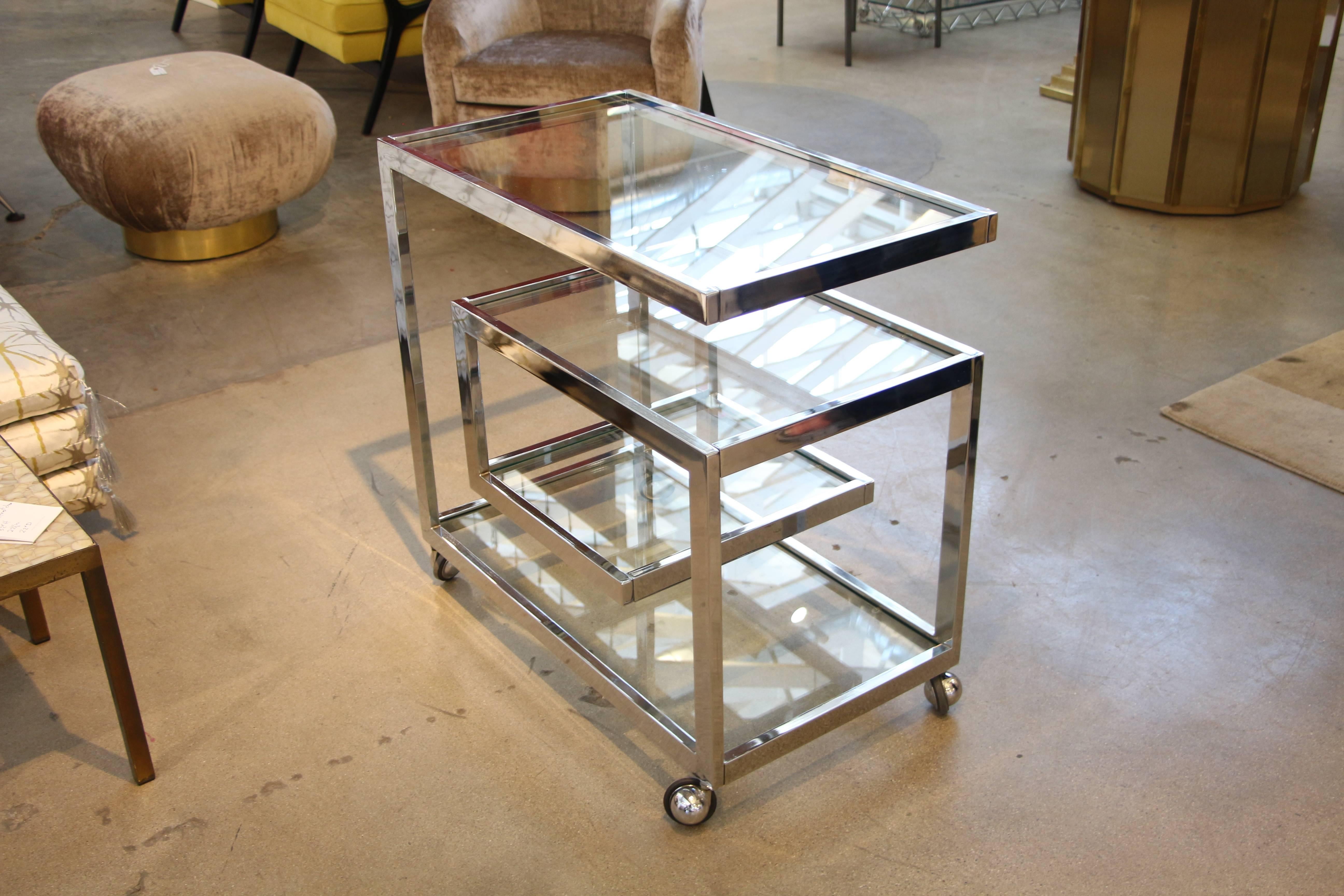 Beautiful Milo Baughman 1970s Chrome Bar Cart 1