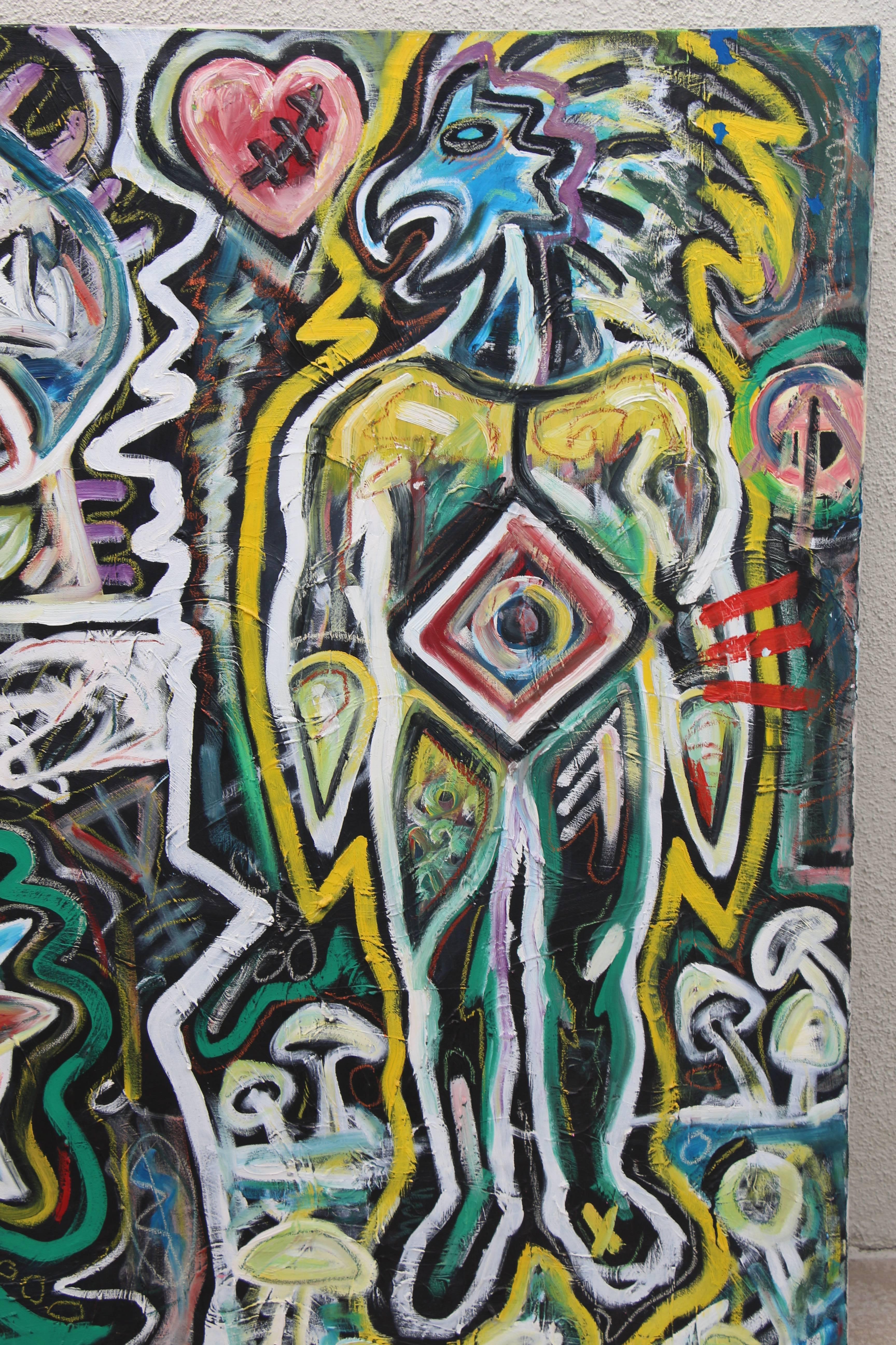 Striking Graffiti triptych by a deceased Palm Springs, CA artist commenting on his decline. In the style of Modern masters like Basquiat and Haring. It has density and is evenly painted and one of his last works.
