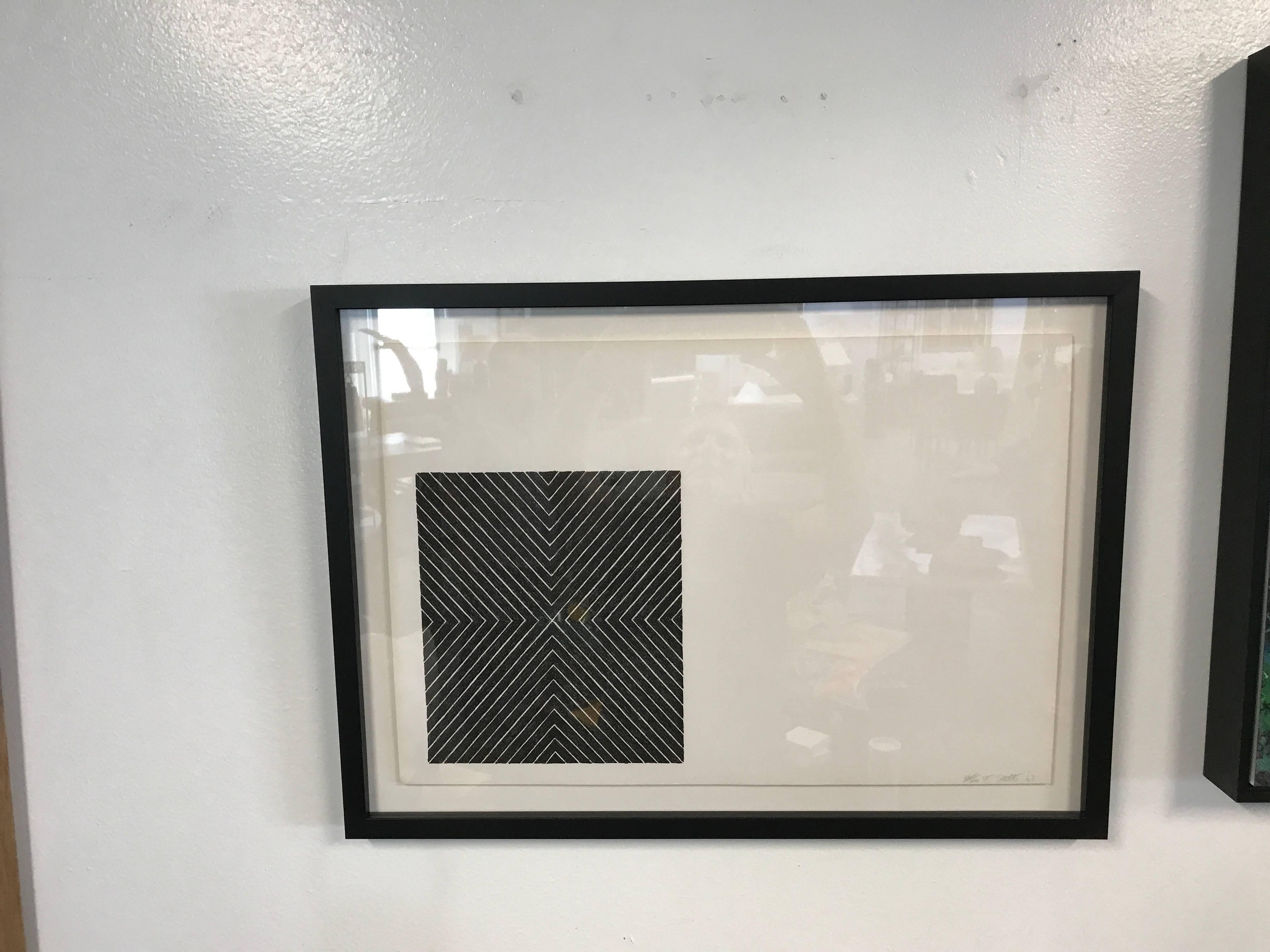 A special lithograph by the renowned artist Frank Stella. This is from the first year he started making lithographs and is from his Black Series II. This particular Lithograph is in the collection of the Tate Museum. It is signed in pencil lower