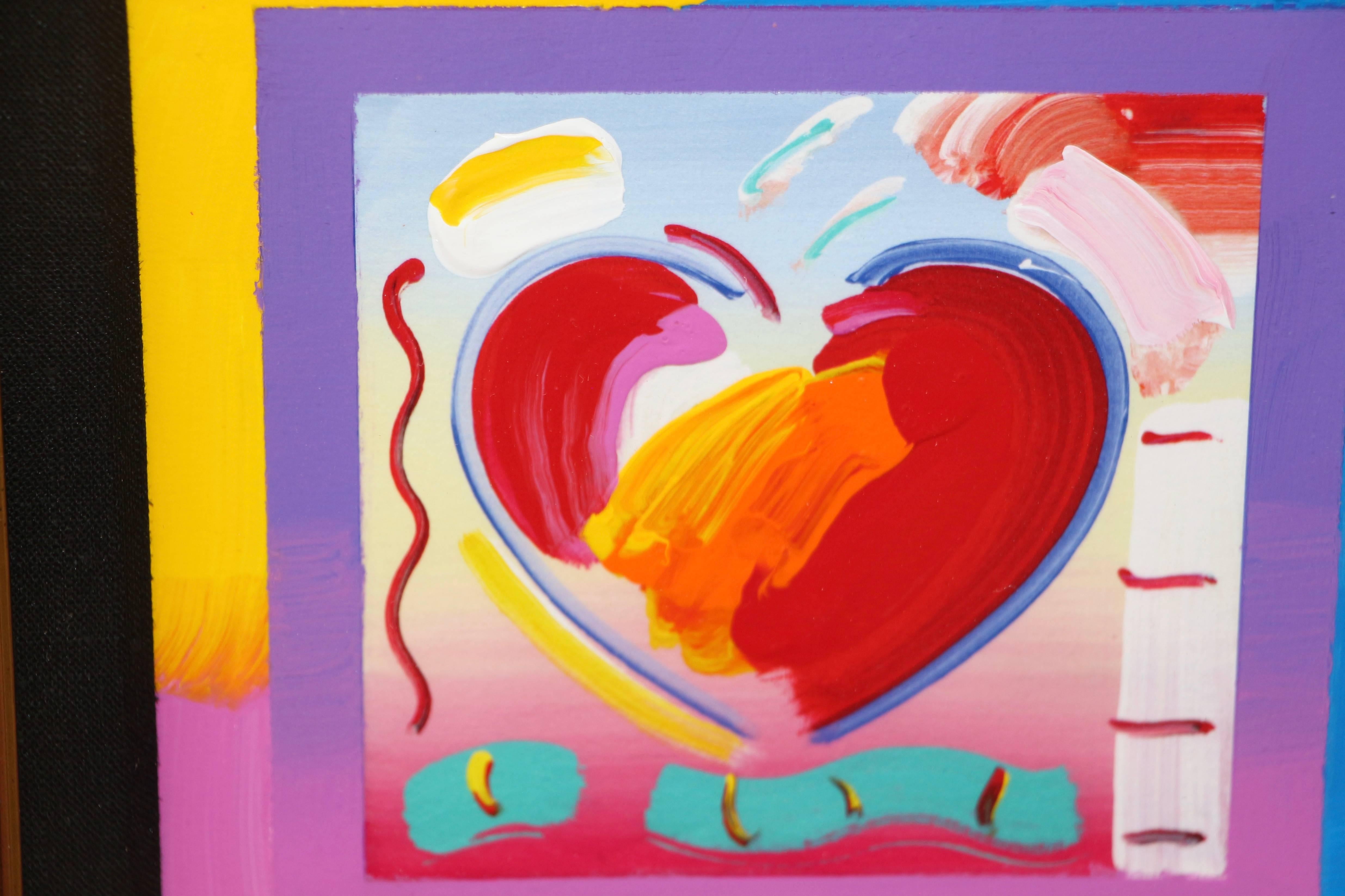 A unique work of art by Peter Max out of his series "Heart on Blends". It is a mixed-media with acrylic painting and color lithography on paper. It is signed in acrylic. The black mesh back has some dust as it has been in storage for