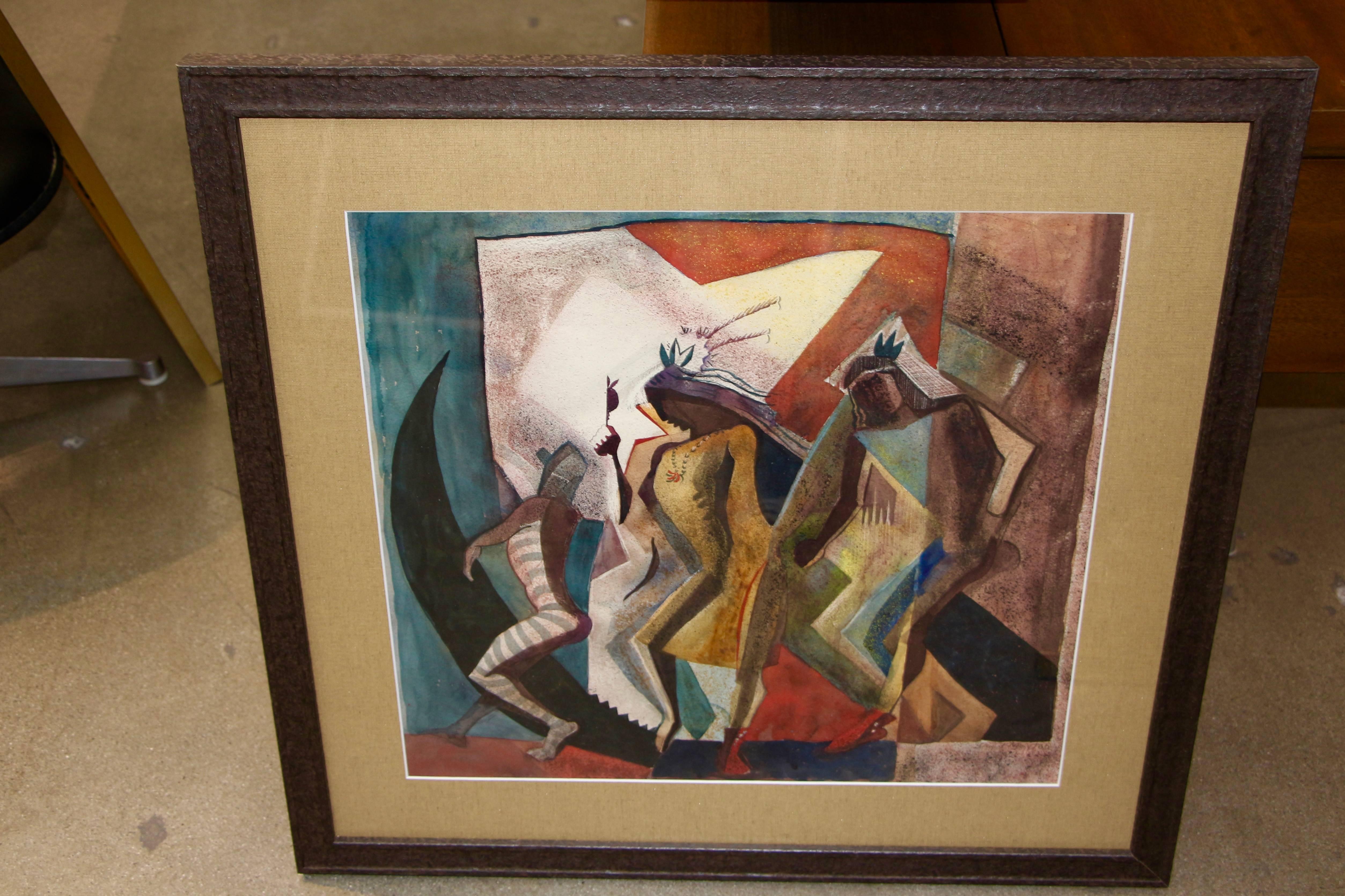 A cubist feeling Native American Indian themed mixed media painting on paper by the noted Southwest painter Lloyd Moylan (1893-1963). It has been re-framed and re-matted. It is marked Dancers on the back of the painting. A beautiful painting by a