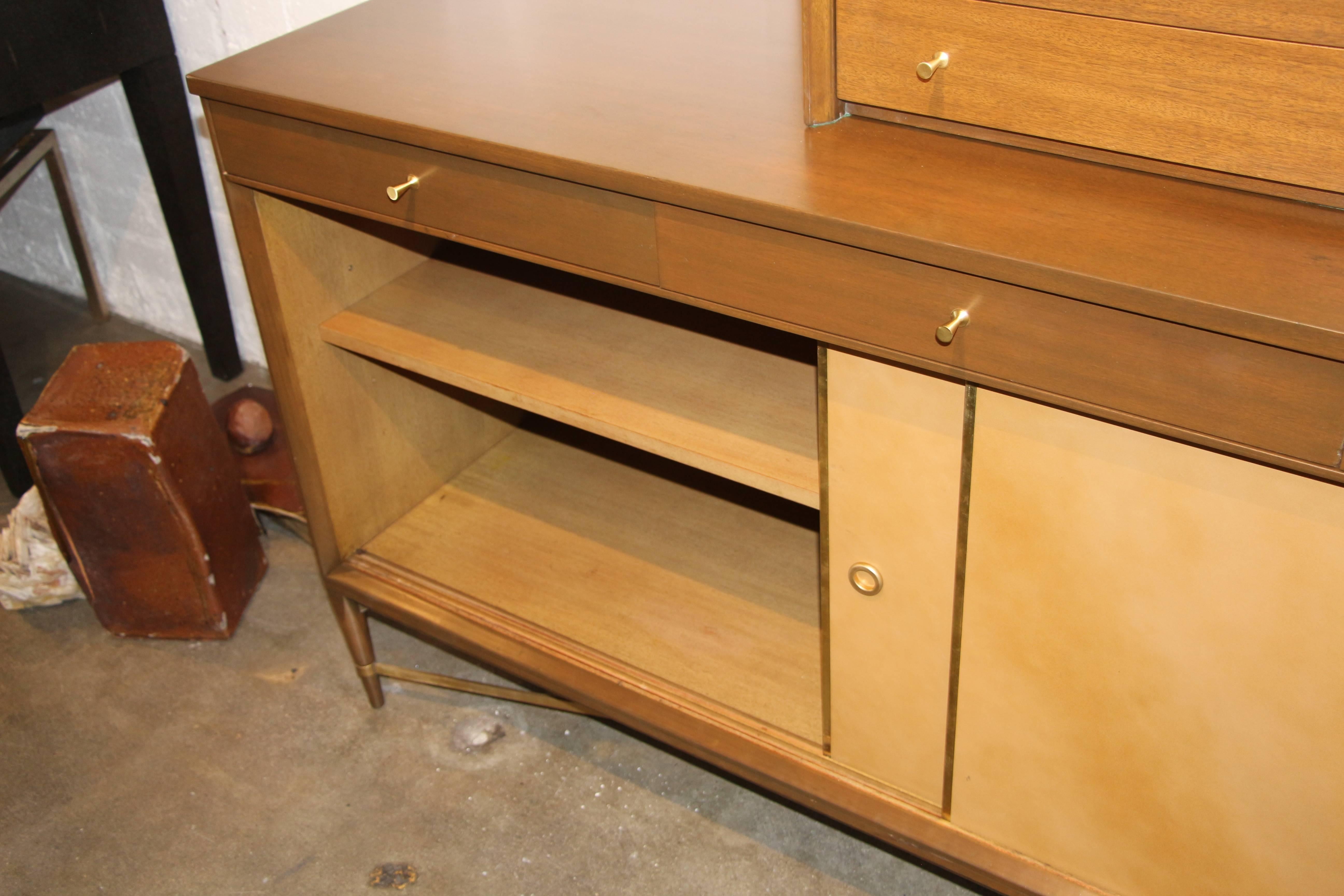 Mid-Century Modern Paul McCobb for Calvin Sideboard and Bar with Leather and Caned Front For Sale