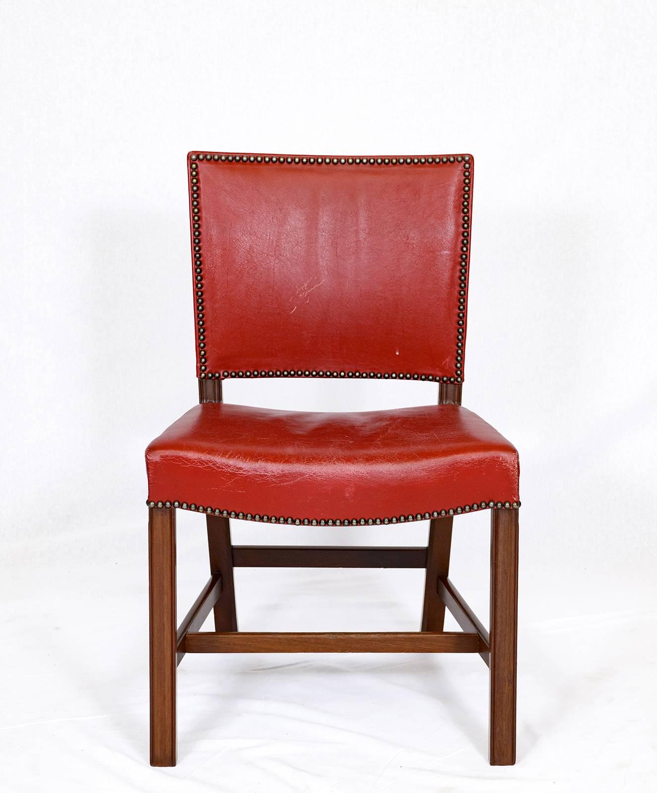 Set of ten Kaare Klint dining chairs in mahogany. Designed In 1927 and produced by Rud Rasmussen. Note: These chairs match the pair of armchairs I have on 1st Dibs.