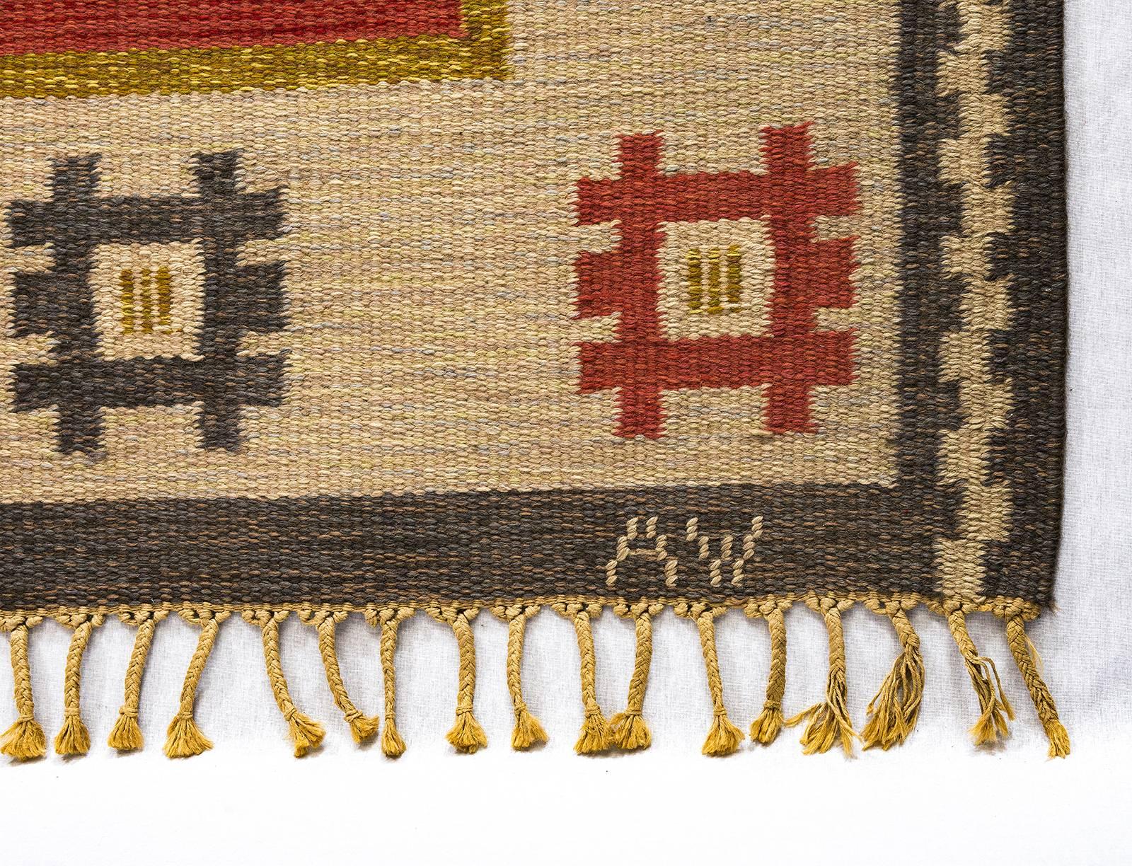 Wool Vintage Swedish Flat-Weave Carpet Signed AW