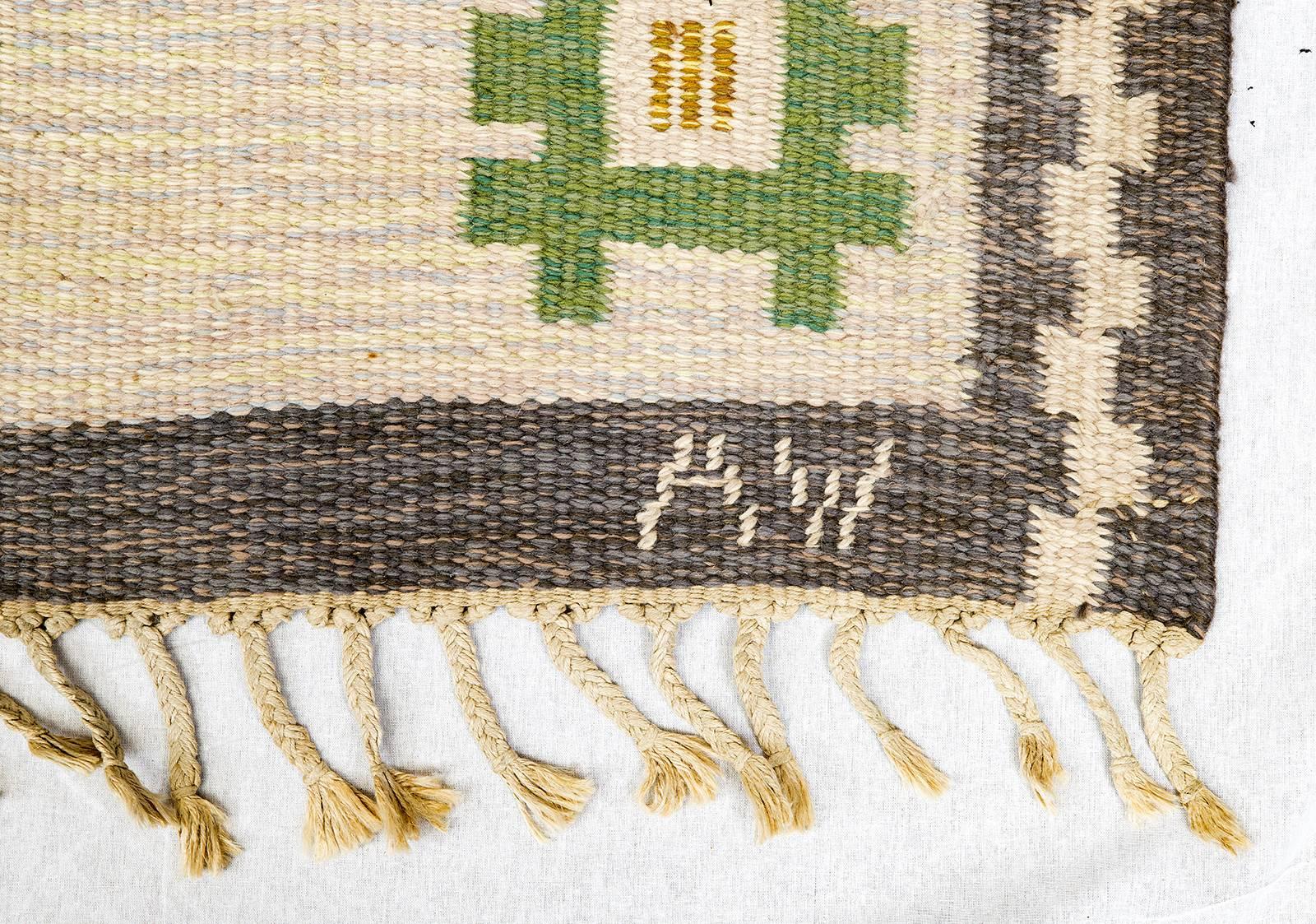 Vintage Swedish Flat-Weave Carpet Signed AW 1