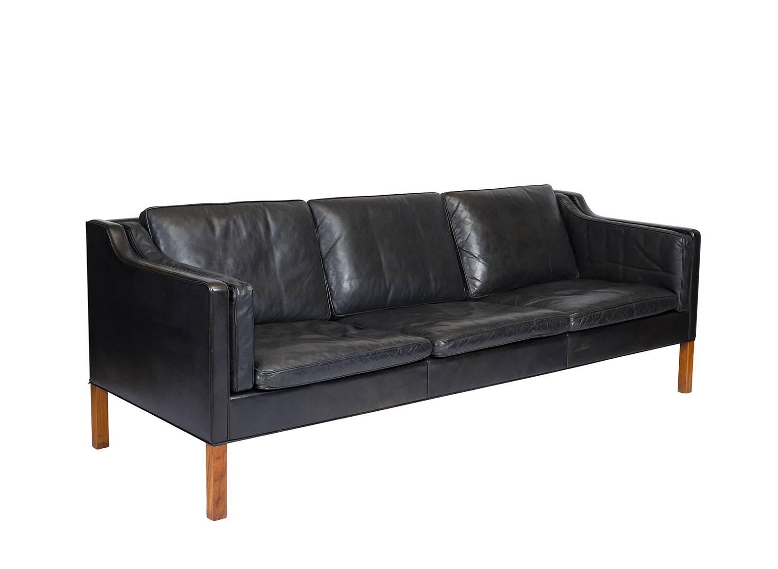 Børge Mogensen model #2213 three-seat leather sofa designed in 1962 and produced by Fredericia.     Store formerly known as ARTFUL DODGER INC