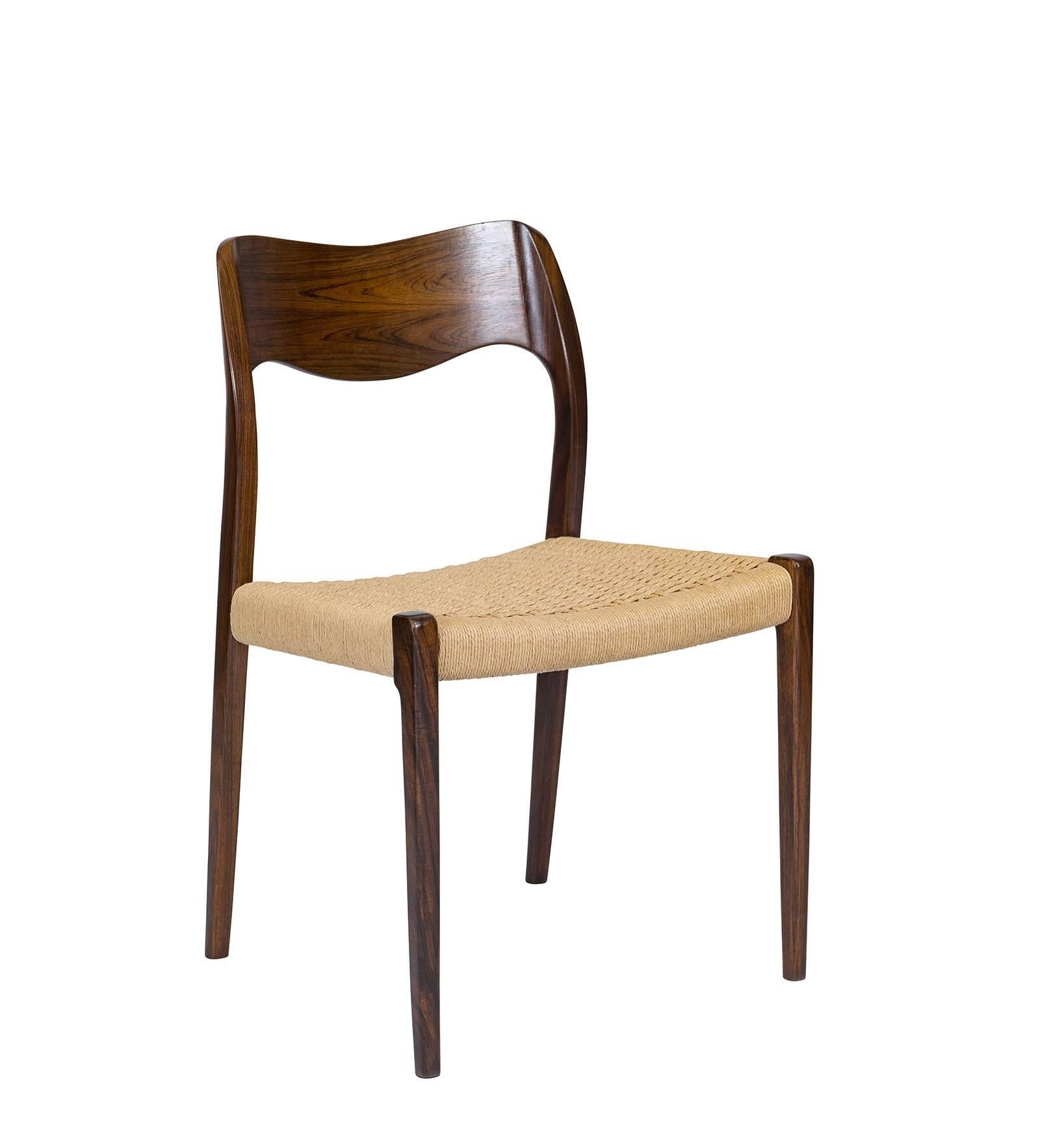 Set of six rosewood Niels Møller model #71 dining chairs designed in 1951 and produced by J. L. Møller Møbelfabrik.    Store formerly known as ARTFUL DODGER INC 