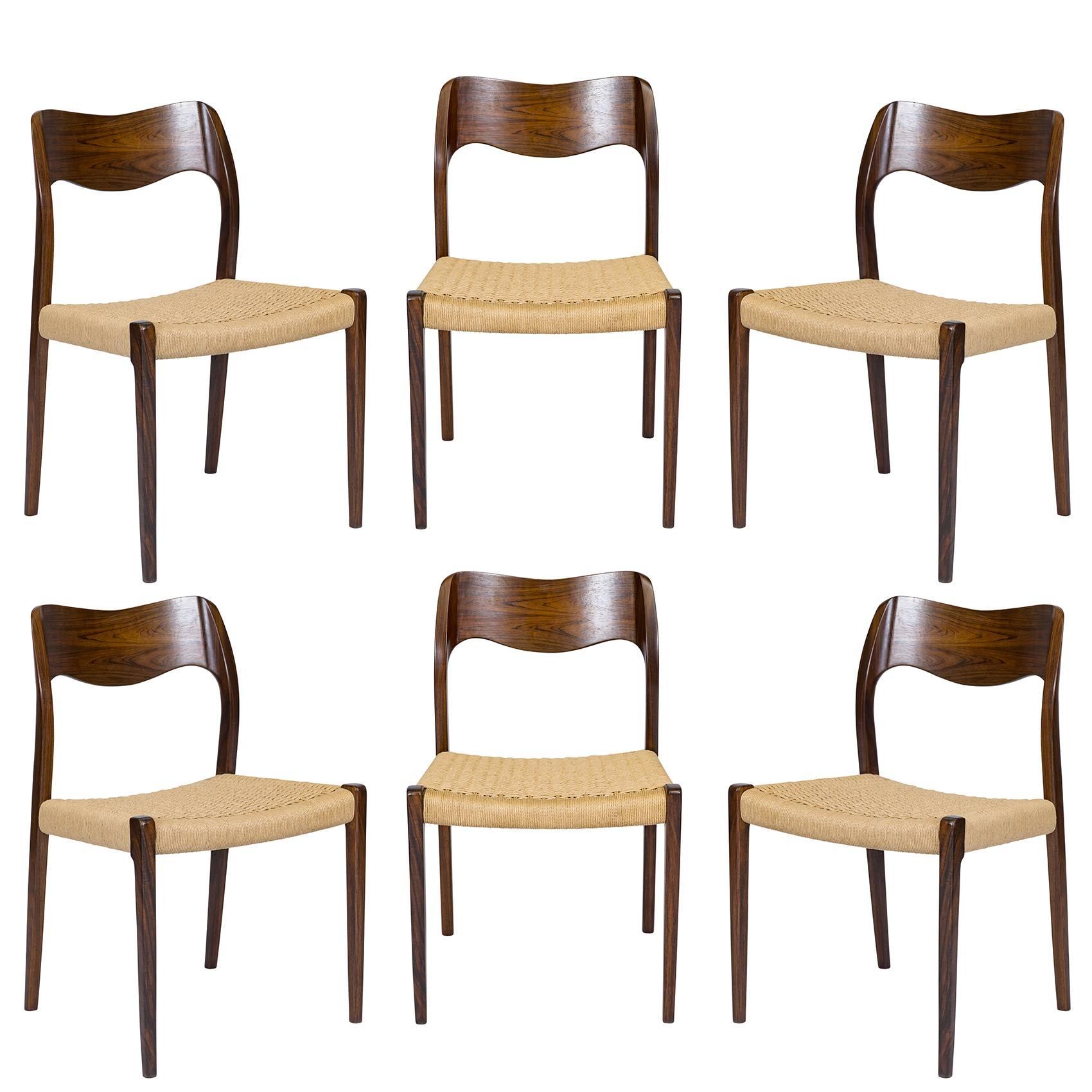 Set of Six Rosewood Niels Møller Model #71 Dining Chairs