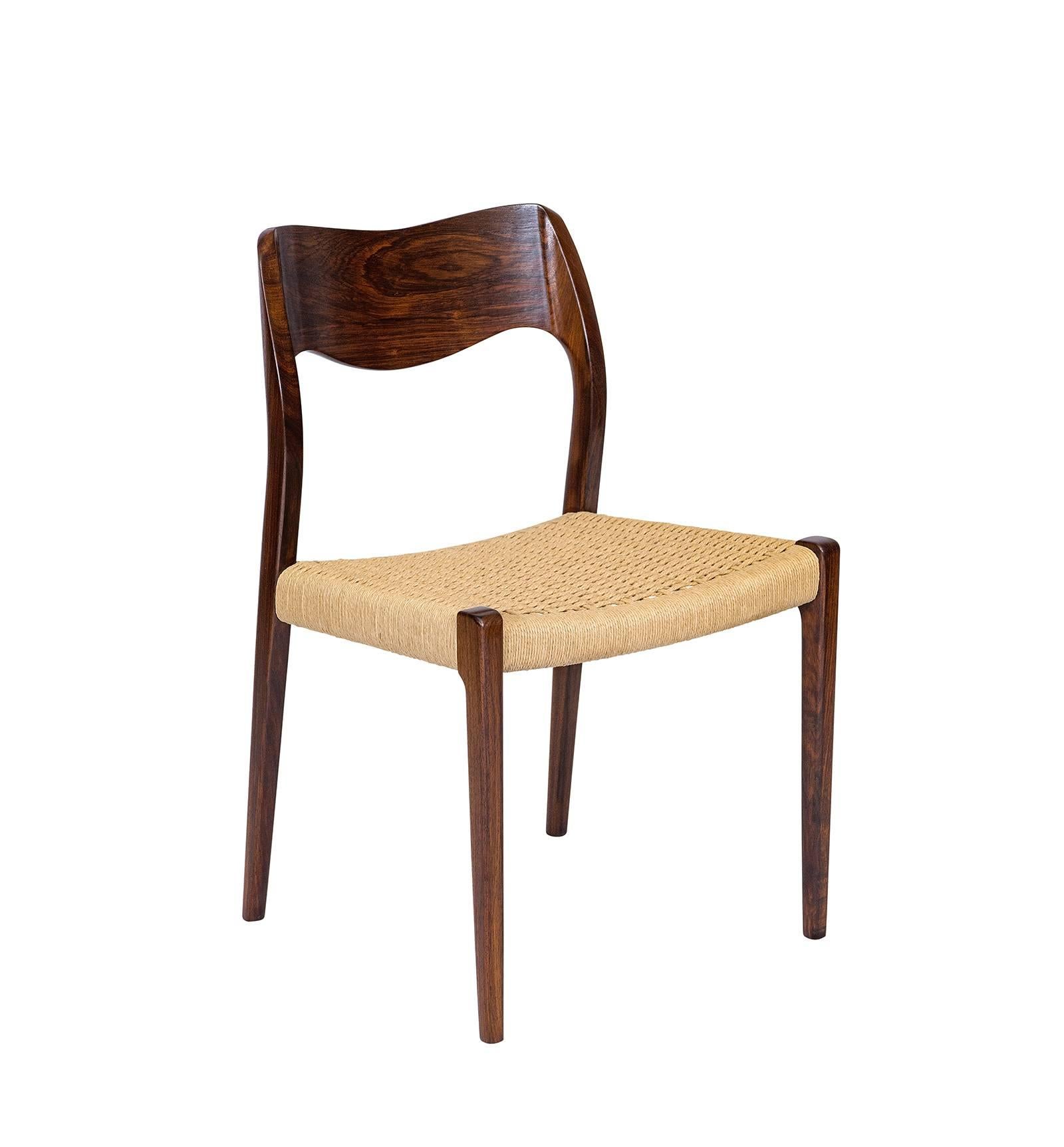 Set of six rosewood Niels Møller model #71 dining chairs designed in 1951 and produced by J. L. Møller Møbelfabrik.