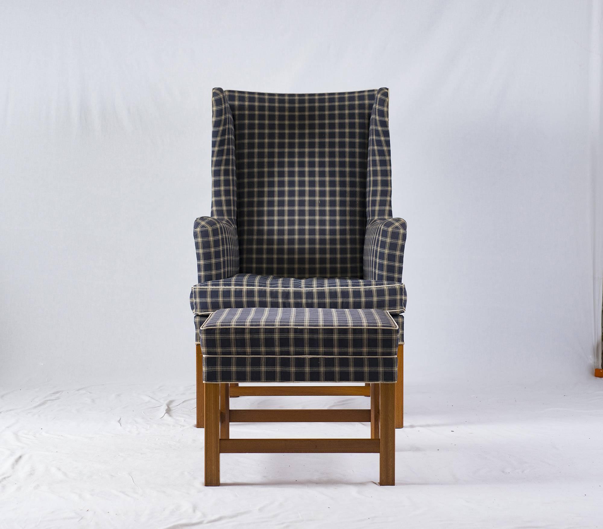 Scandinavian Modern Kaare Klint Wingback Chair and Stool