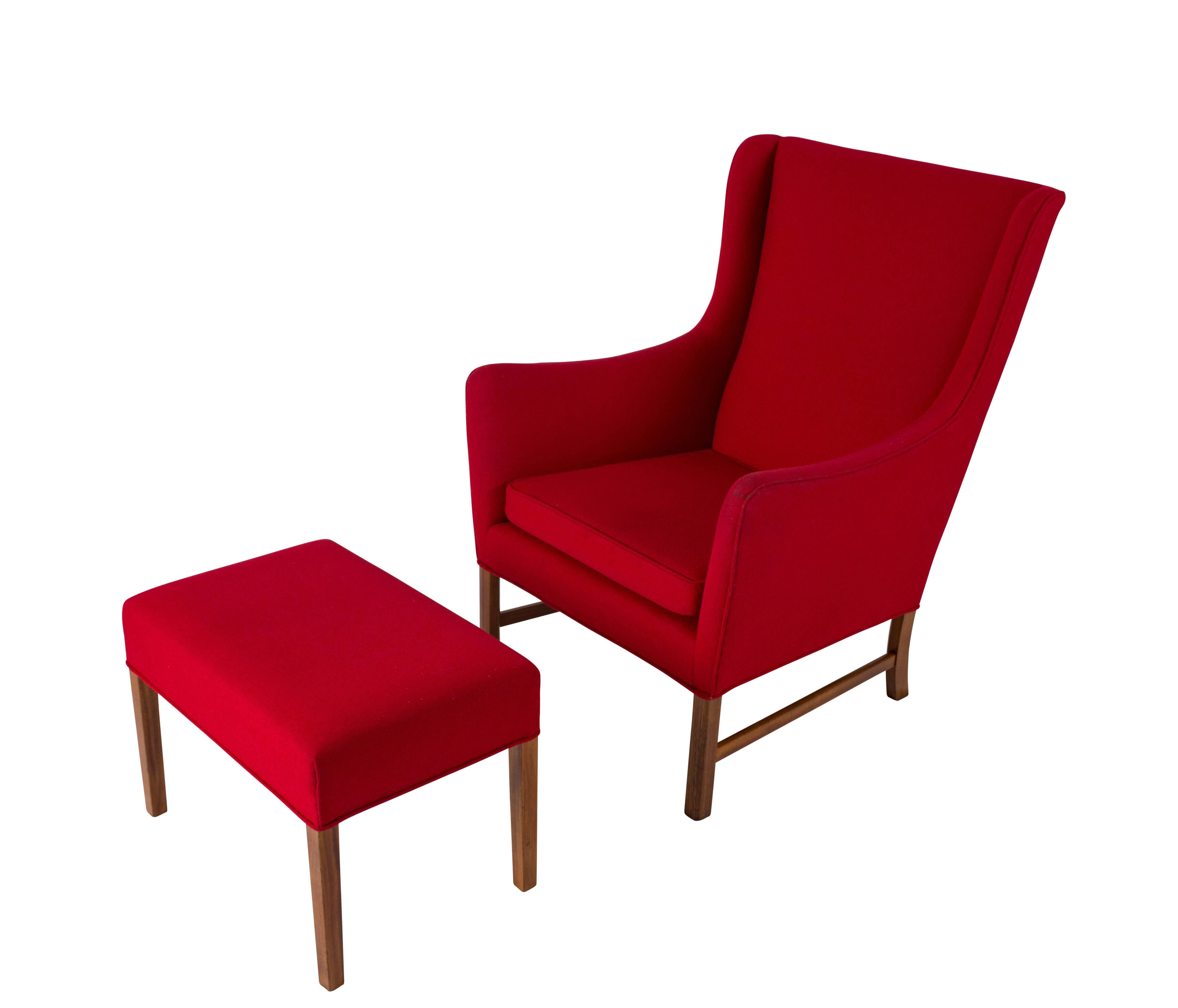 Scandinavian Modern Ole Wanscher Lounge Chair and Stool