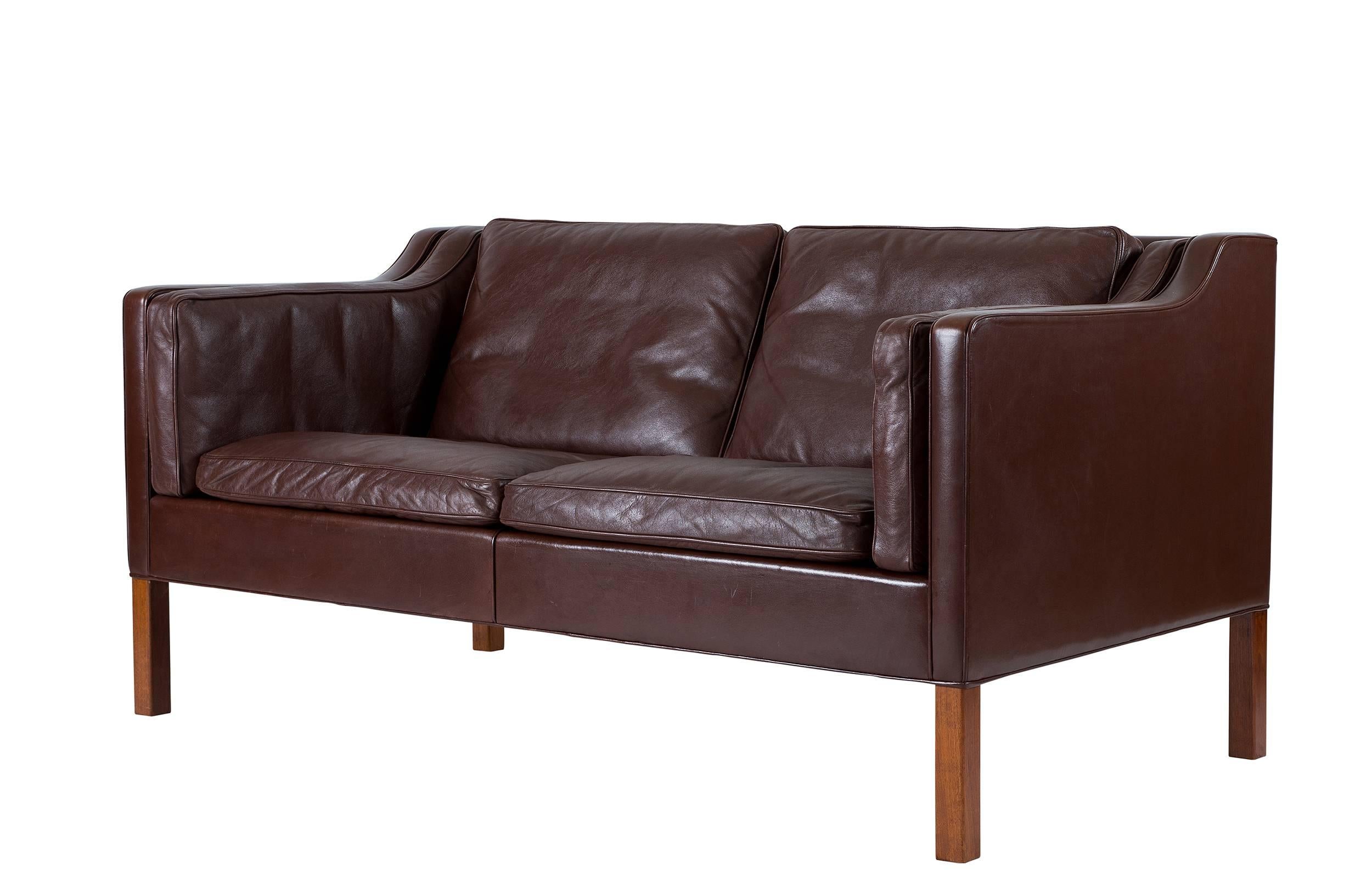 Børge Mogensen model #2212 dark brown leather two-seat sofa designed in 1960 and produced by Fredericia.