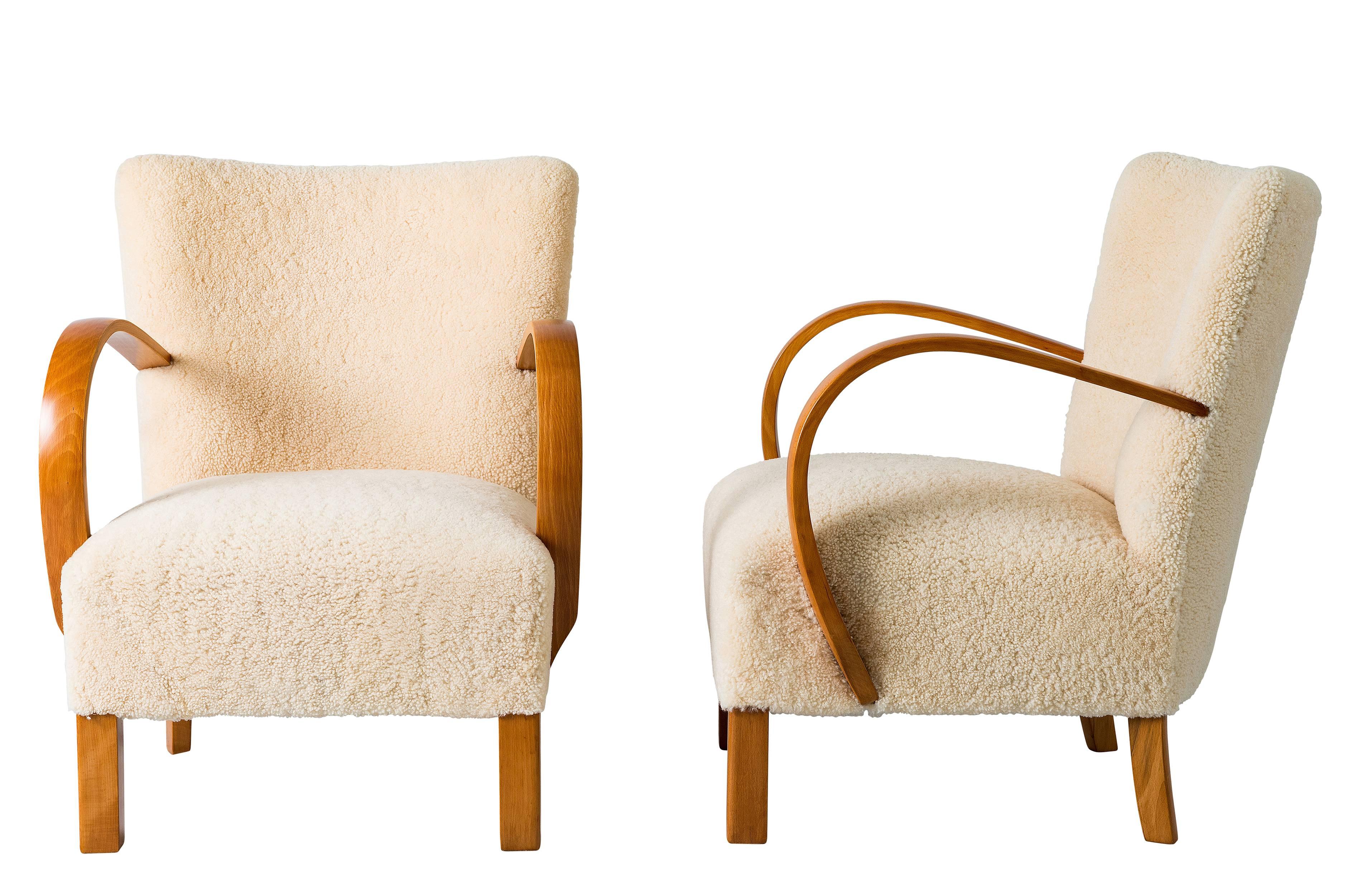 Danish Pair of Scandinavian Sheepskin Lounge Chairs