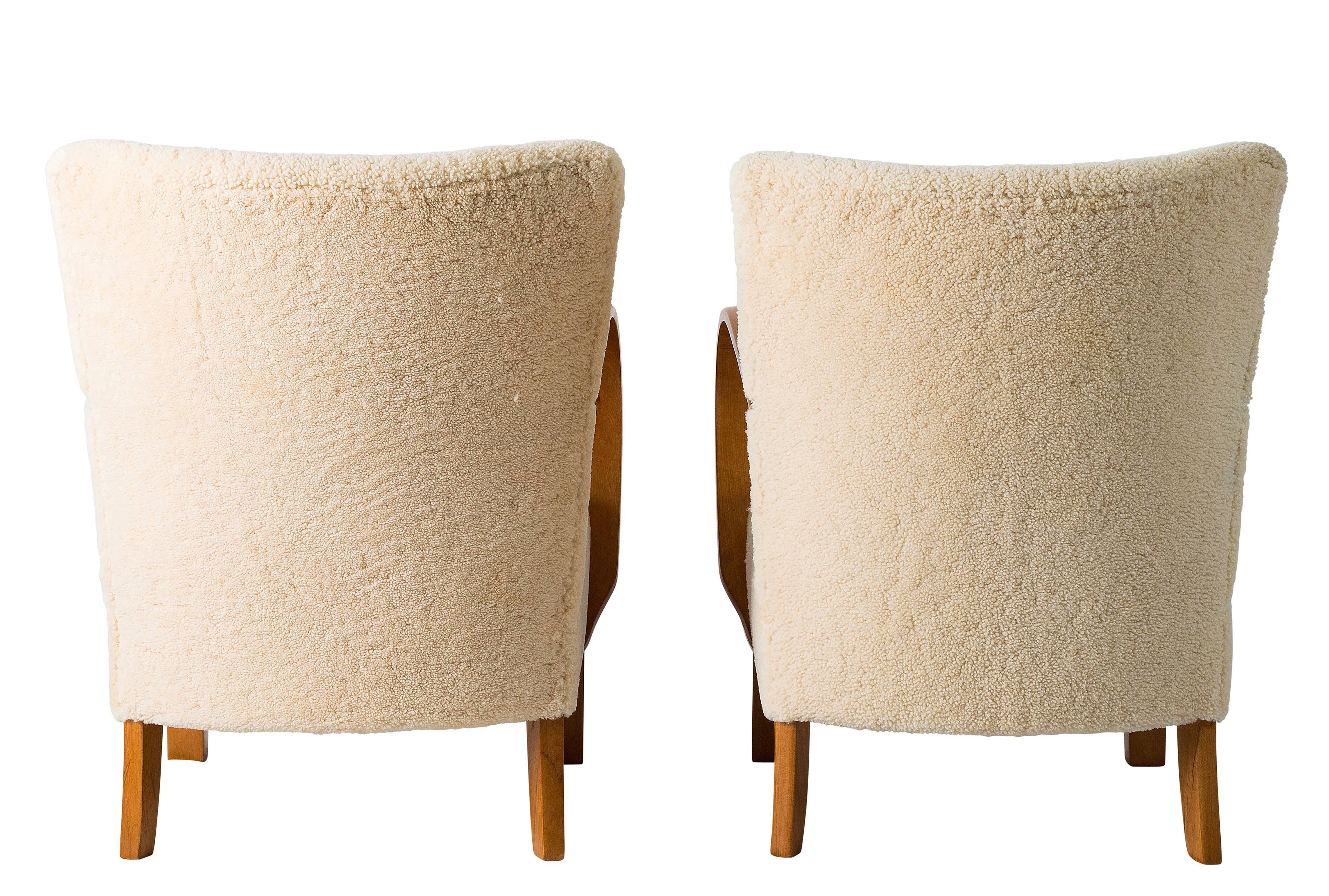 Pair of Scandinavian Sheepskin Lounge Chairs 1