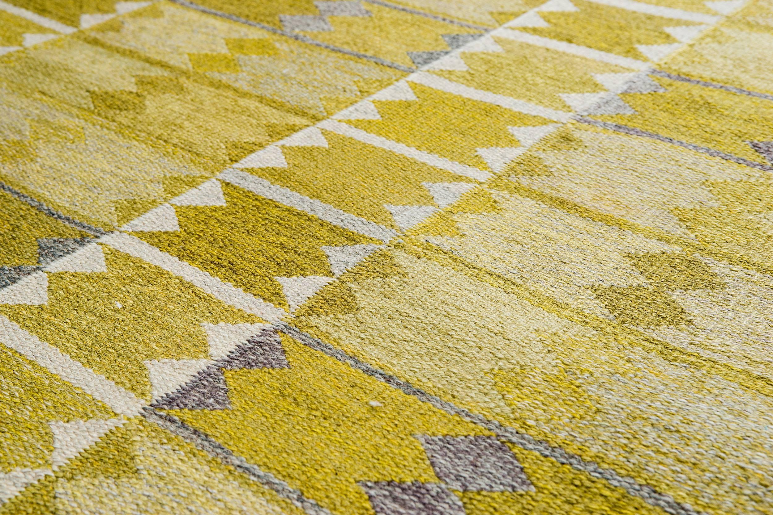 Vintage Ingrid Dessau "Liljorna Gul" flat-weave Swedish carpet.