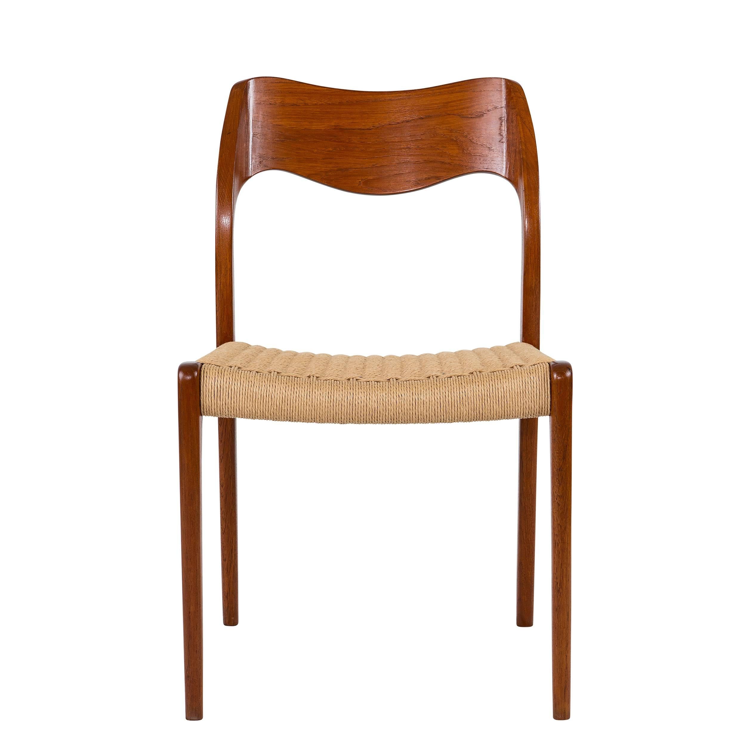 Set of eight teak Niels Moller #71 dining chairs designed in 1951 and produced by J. L. Moller Mobelfabrik.