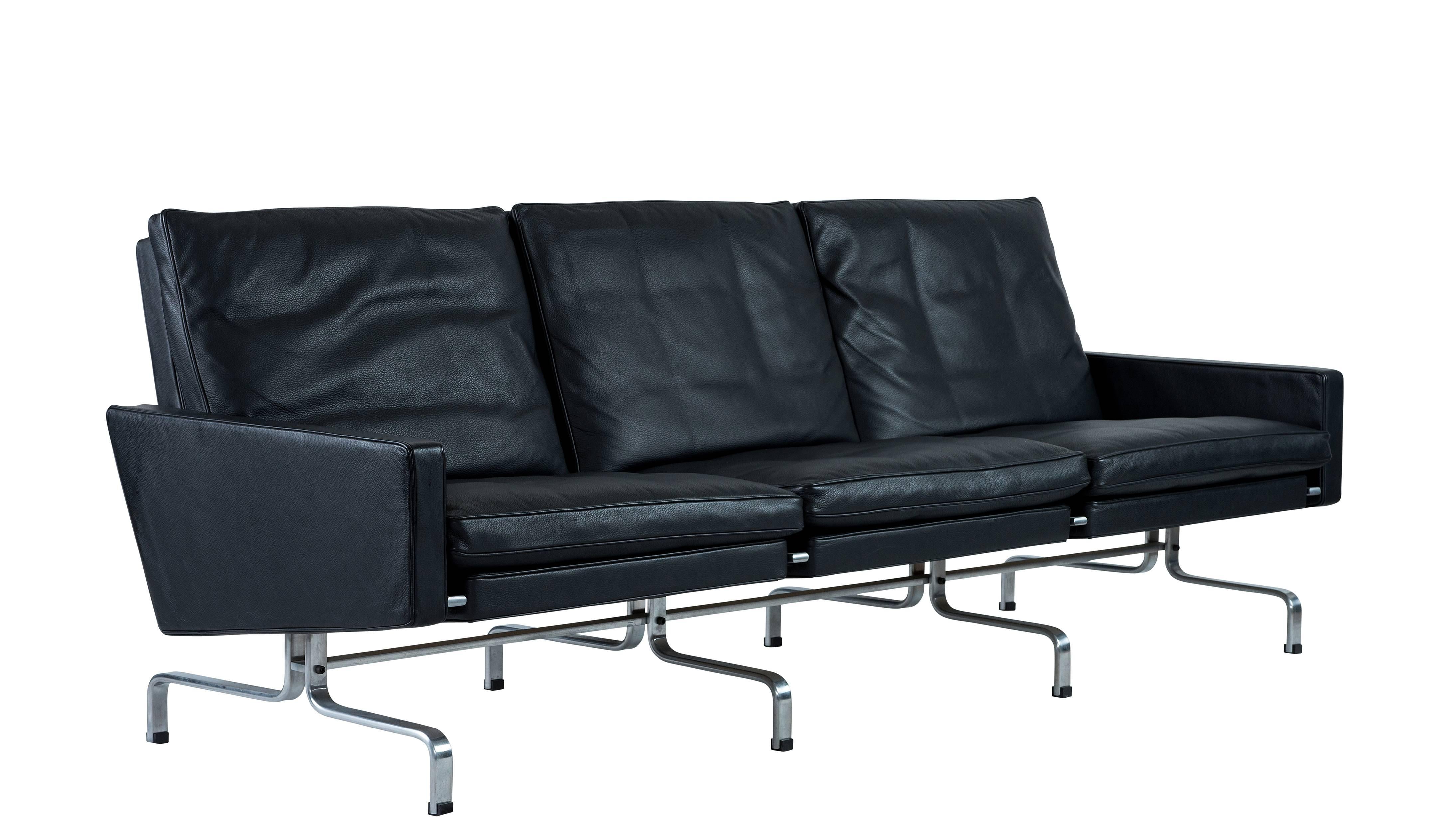 Poul Kjaerholm PK31 three-seat sofa designed in 1958 and produced by Fritz Hansen in 2007. We have another matching sofa available.