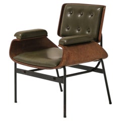 Rare Mid-Century Modernist Lounge Chair in Bent Plywood, Steel and Olive Green U