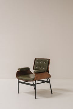 Rare Mid-Century Modernist Lounge Chair in Bent Plywood, Steel and Olive Green U
