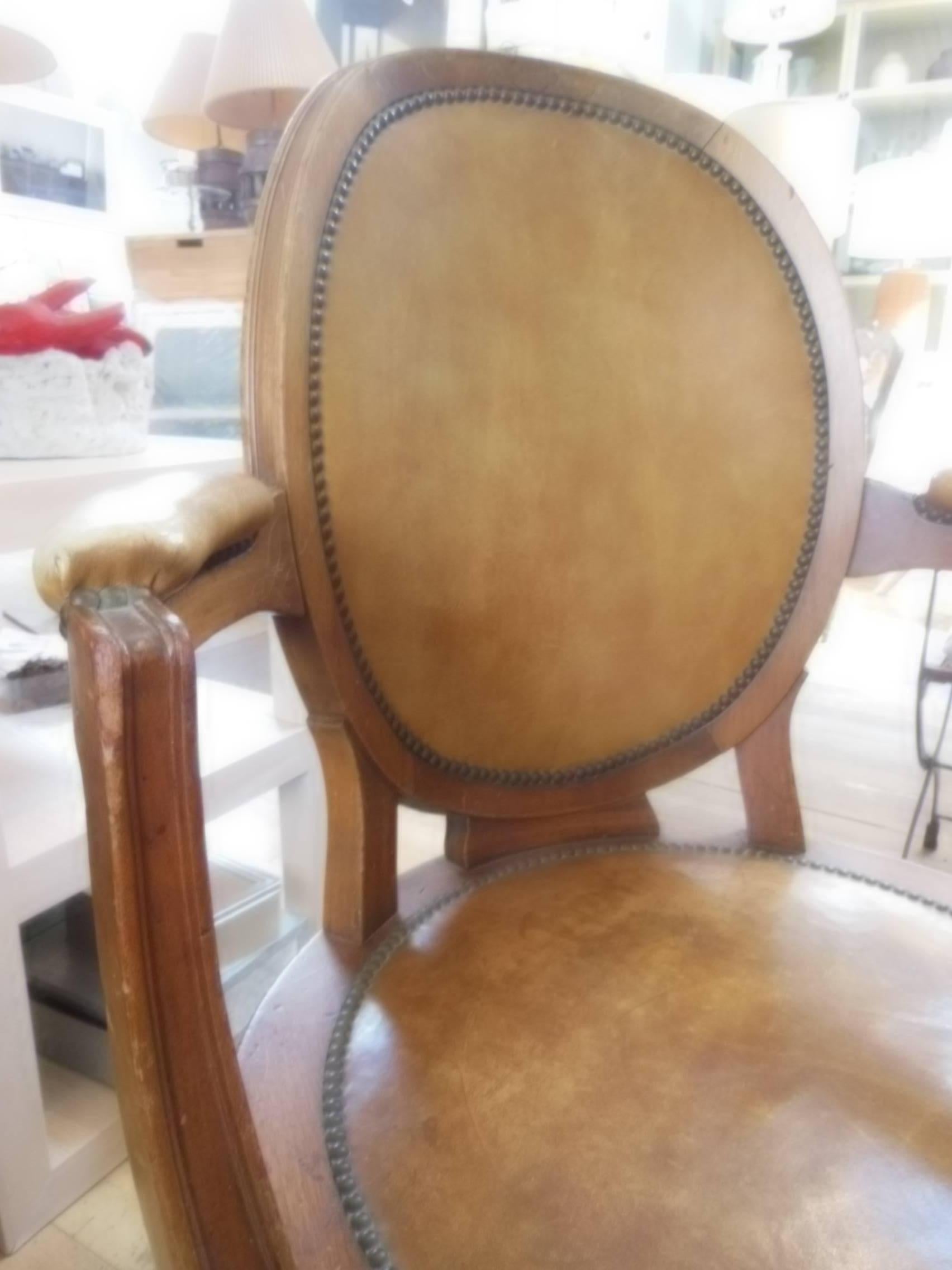 European Empire Leather and Oak Swivel Chair