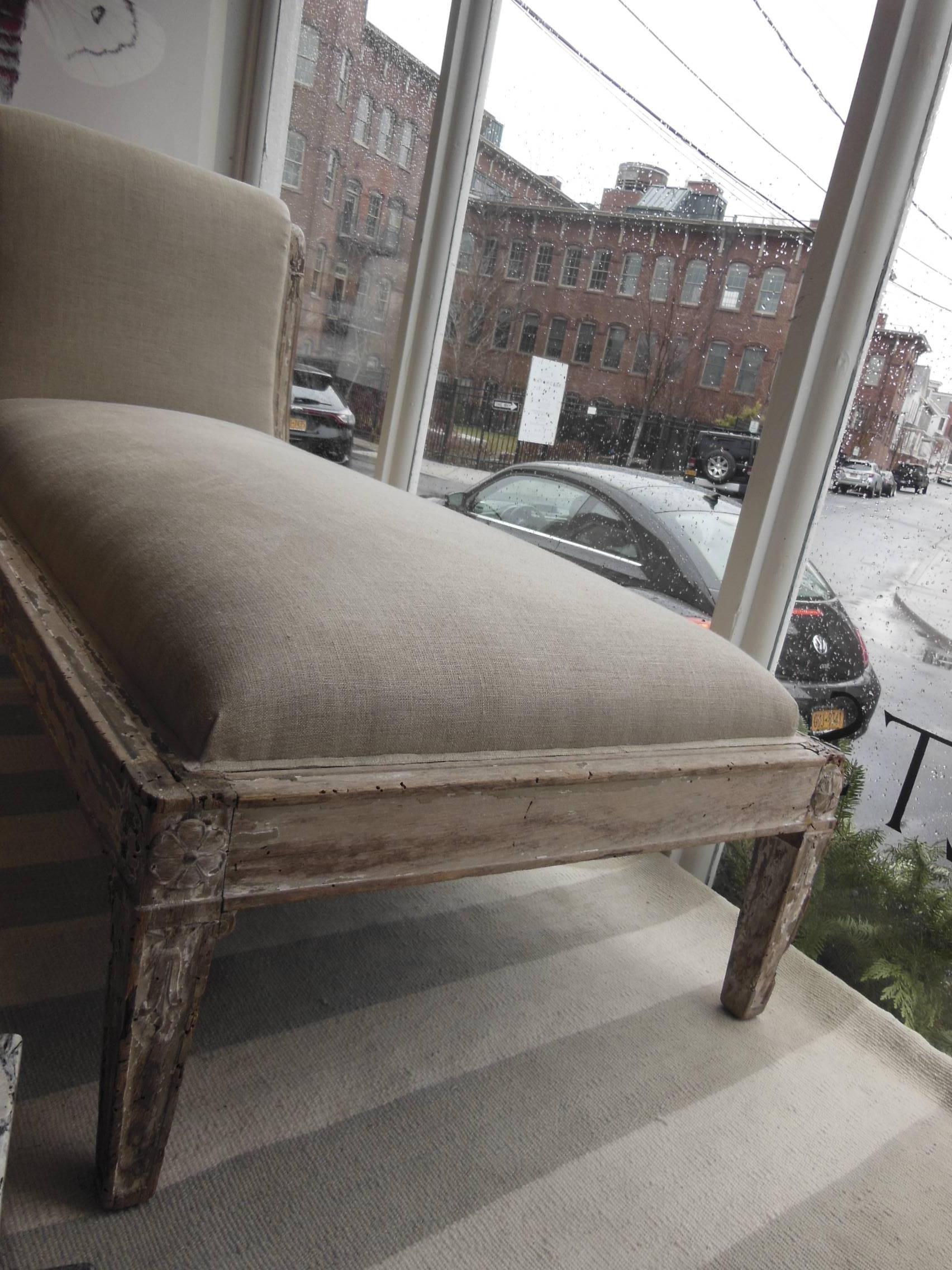 Graceful 19th century chaise newly redone in waxed linen with great worn patina  and great form