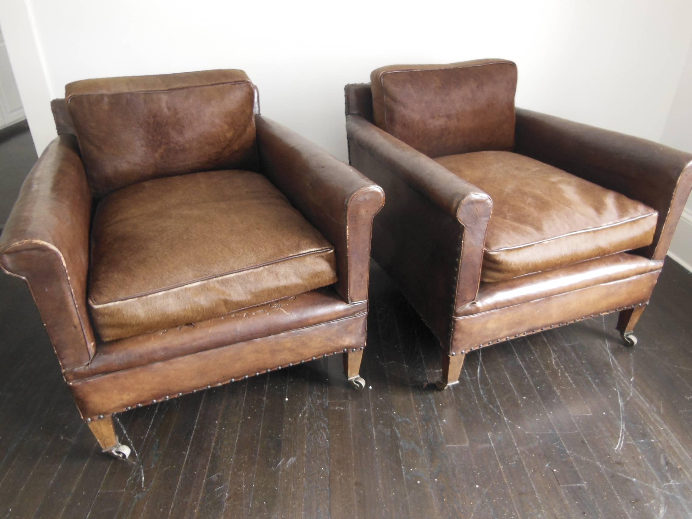 20th Century Fabulous Pair of French Vintage Leather Armchairs
