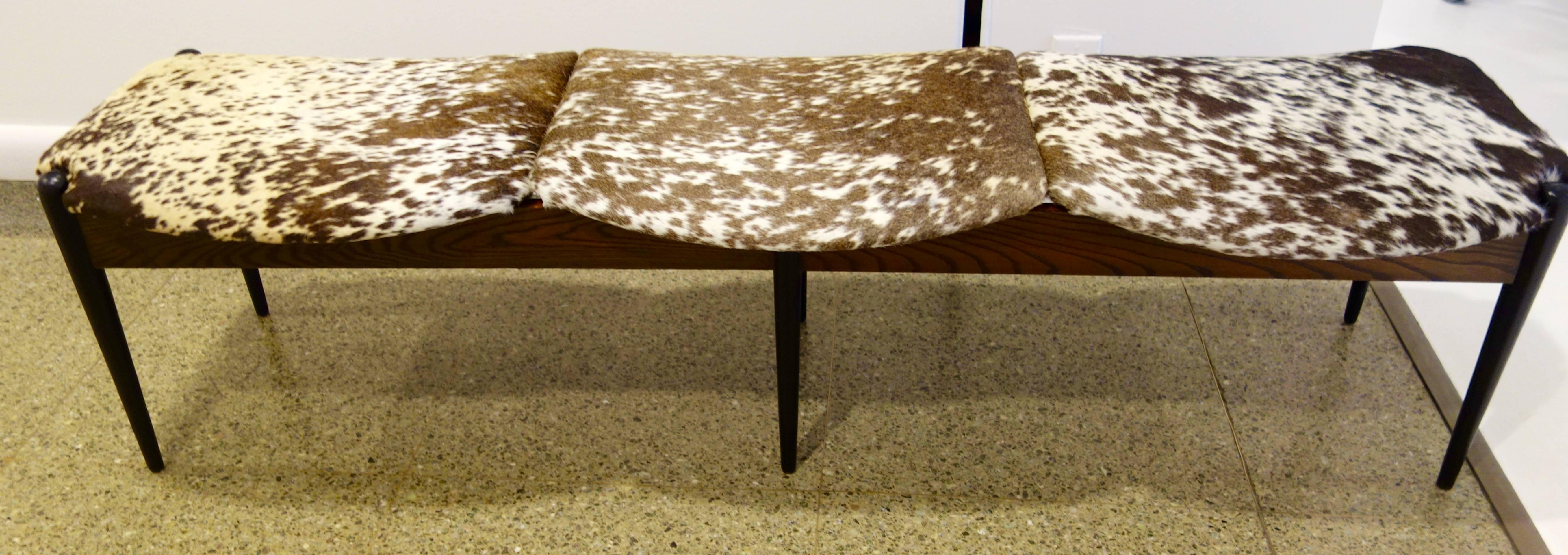 Italian Three-Seat Ebonized and Walnut Bench in Cowhide In Excellent Condition In New York, NY